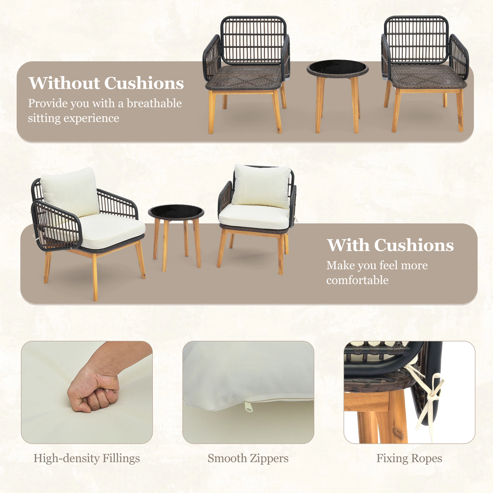 SUGIFT Cushioned Chairs and Round Glass Side Table 3-Piece Black Patio Furniture Set