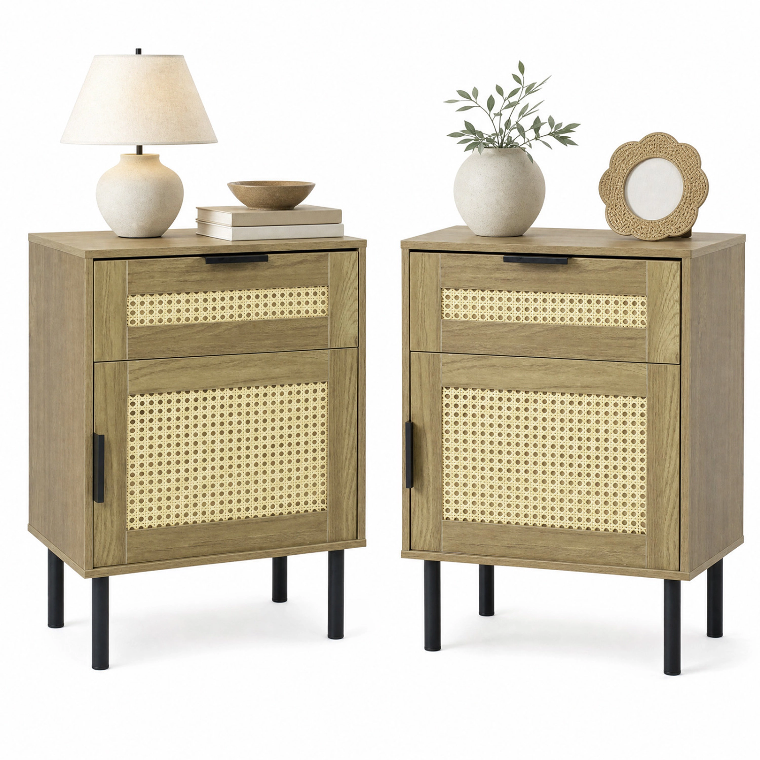 LJG Set of 2 Rattan Nightstand with Drawer and Storage Cabinet for Bedroom Dorm
