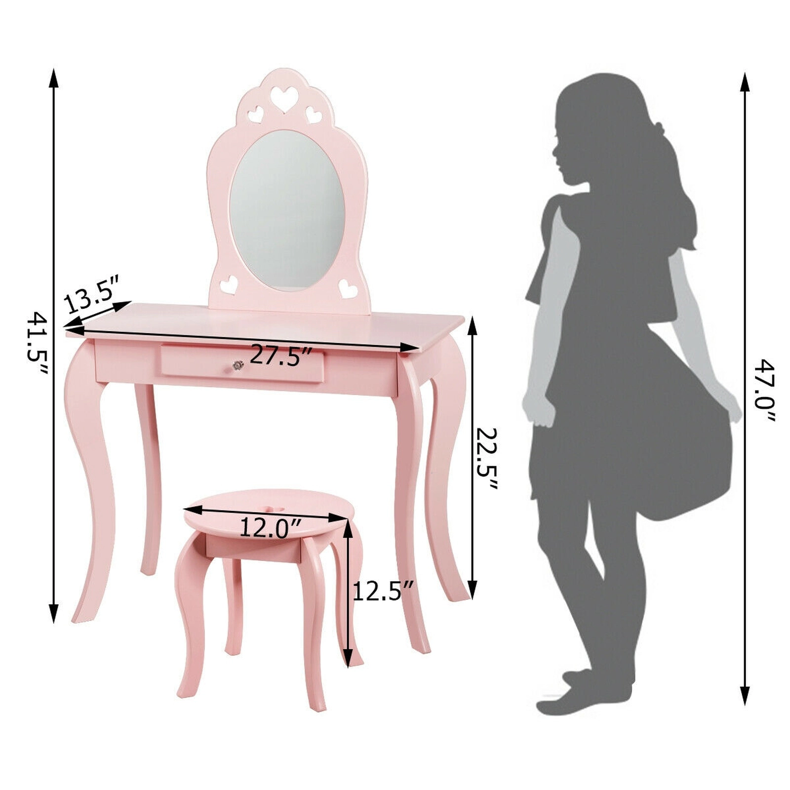 SUGIFT Kids Princess Makeup Vanity Table and Stool Set with Mirror 33-lb Table 66-lb Stool Capacity Pink/White 2-Piece