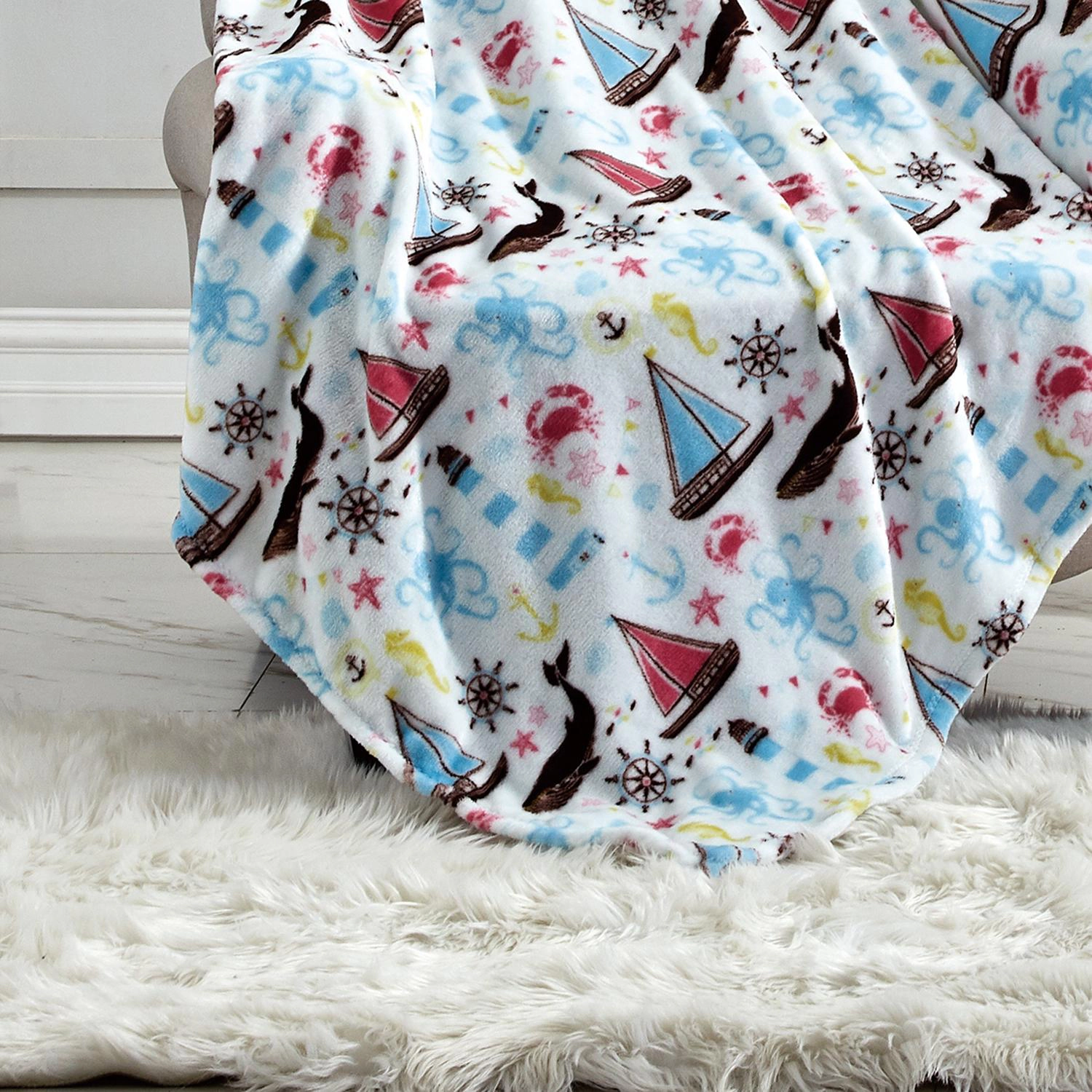 Plazatex Sea Life Plush Decorative All Season Plum Throw Blanket 50" x 60" Blue