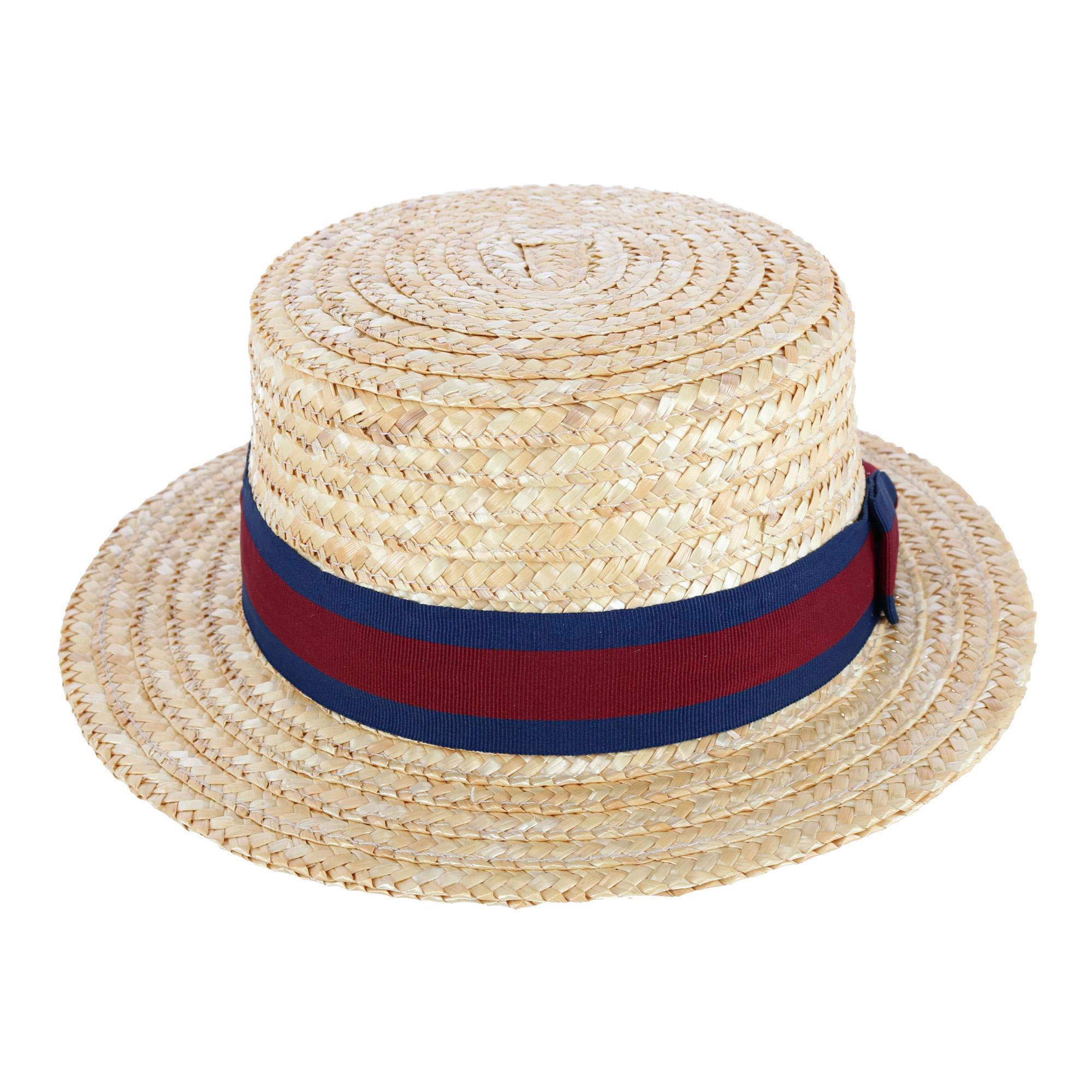 CTM Straw 2 Inch Brim Boater Hat with Navy Band and Elastic Sweatband