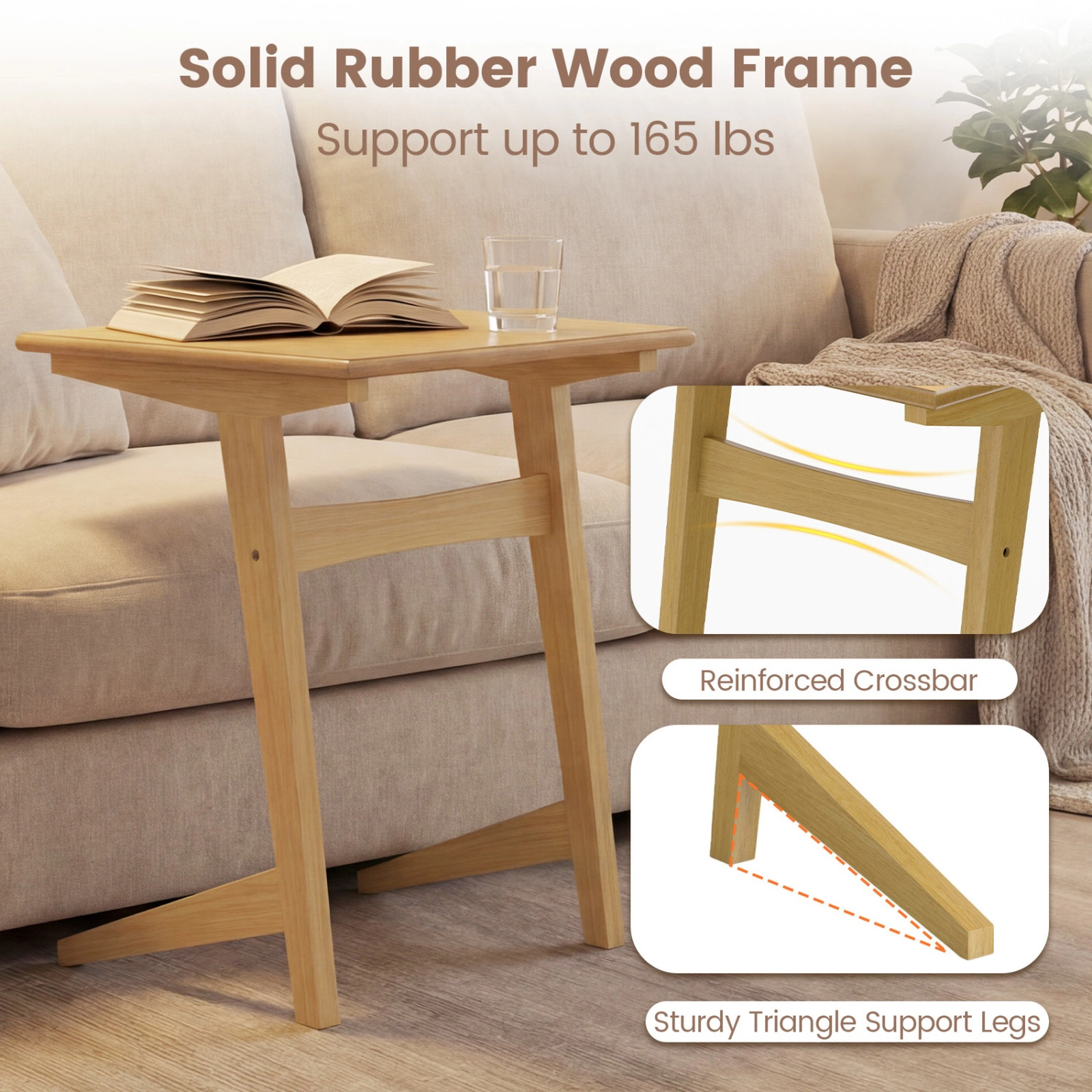 SUGIFT Space-Saving C-Shaped Sofa Side End Table with Wood Veneered Top 165-lb Capacity Natural