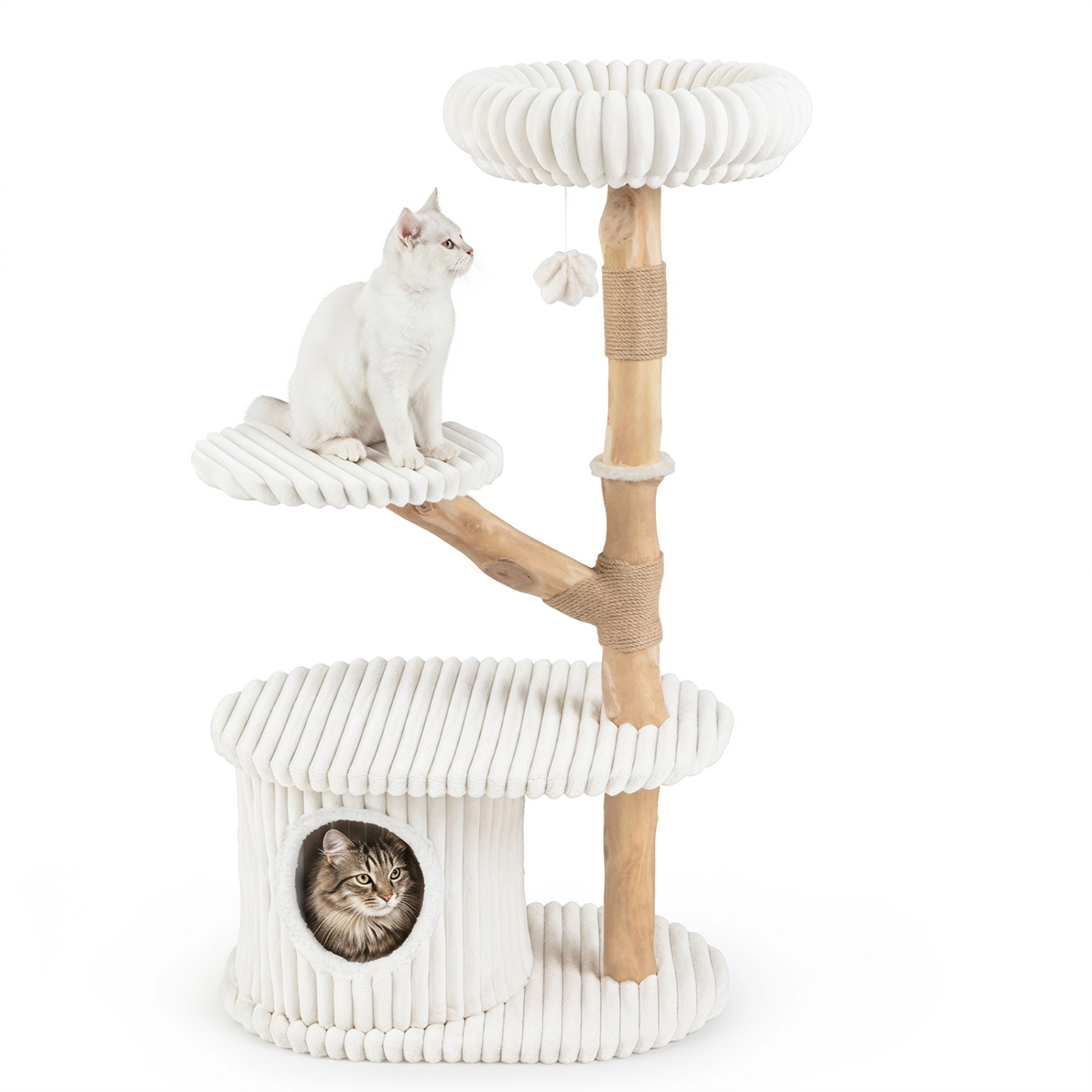 SUGIFT Multi-Level 41-in Tall Modern Cat Tree Tower Real Pear Wood Branches Scratching Posts 22-lb Capacity Indoor Beige