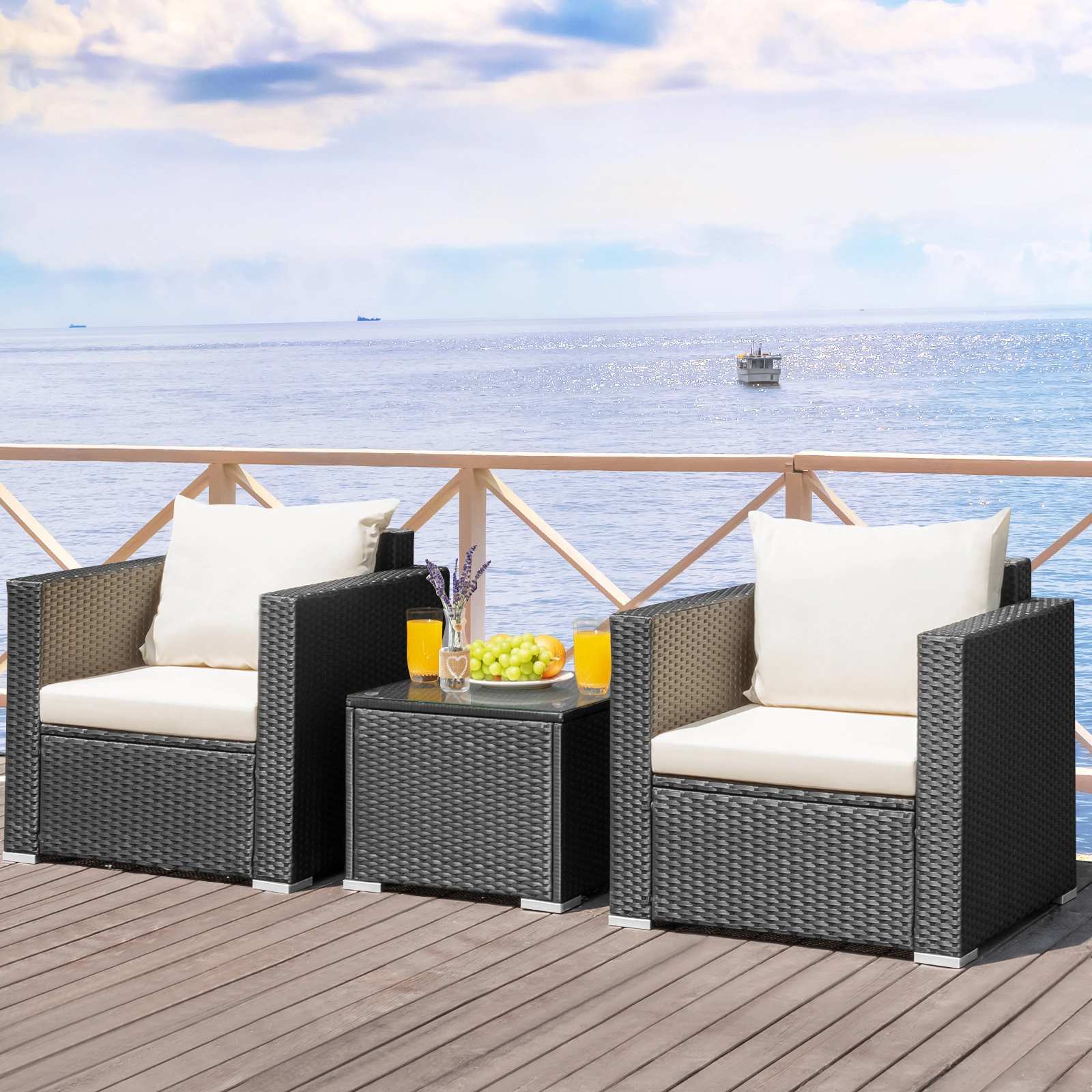 SUGIFT 3-Piece Black Wicker Patio Conversation Set with Deep-Seat Sofas, Cushions and Glass Table