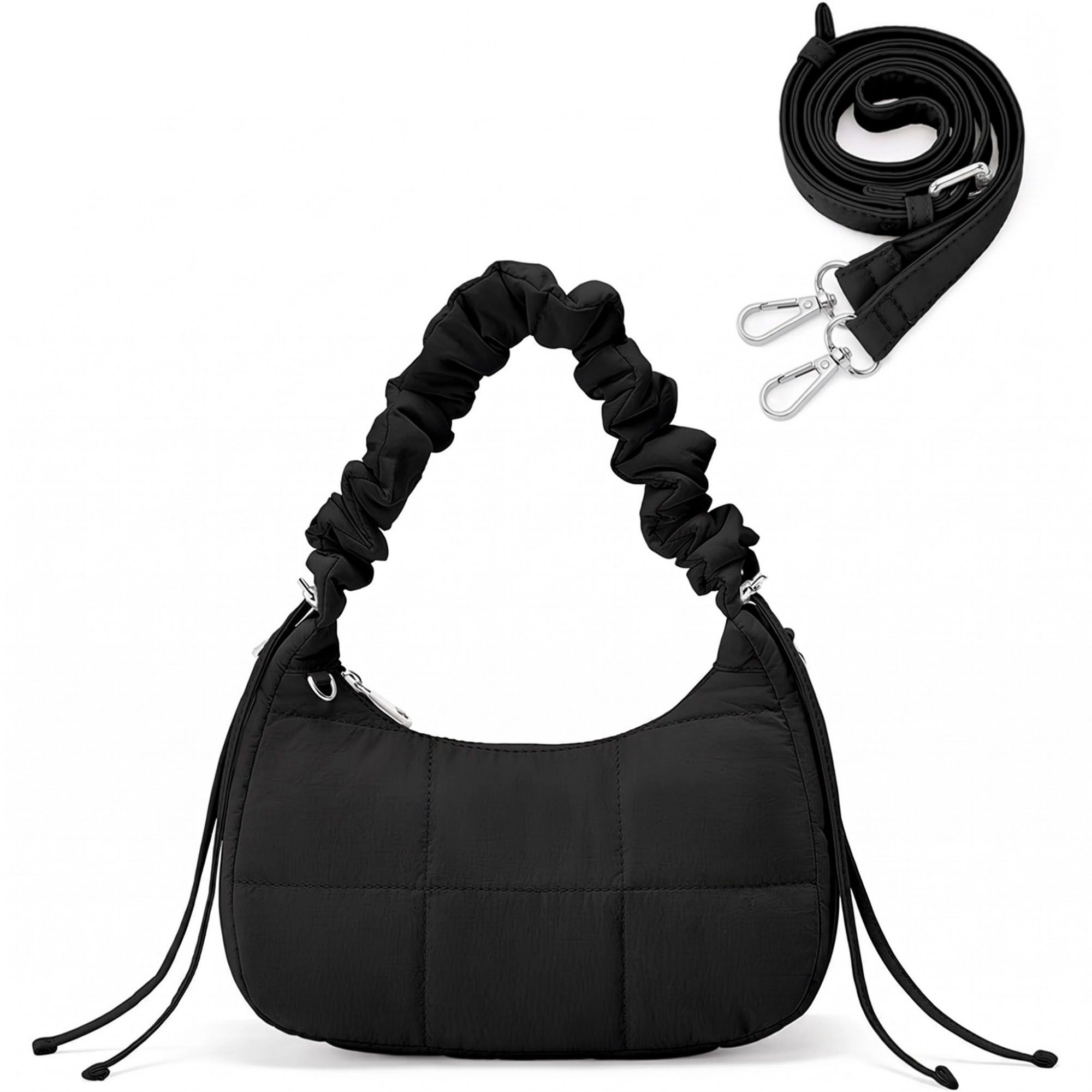 Alilang Women's Quilted Crescent Shoulder Bag with Ruched Handle and Detachable Crossbody Strap 10.5x4x6in
