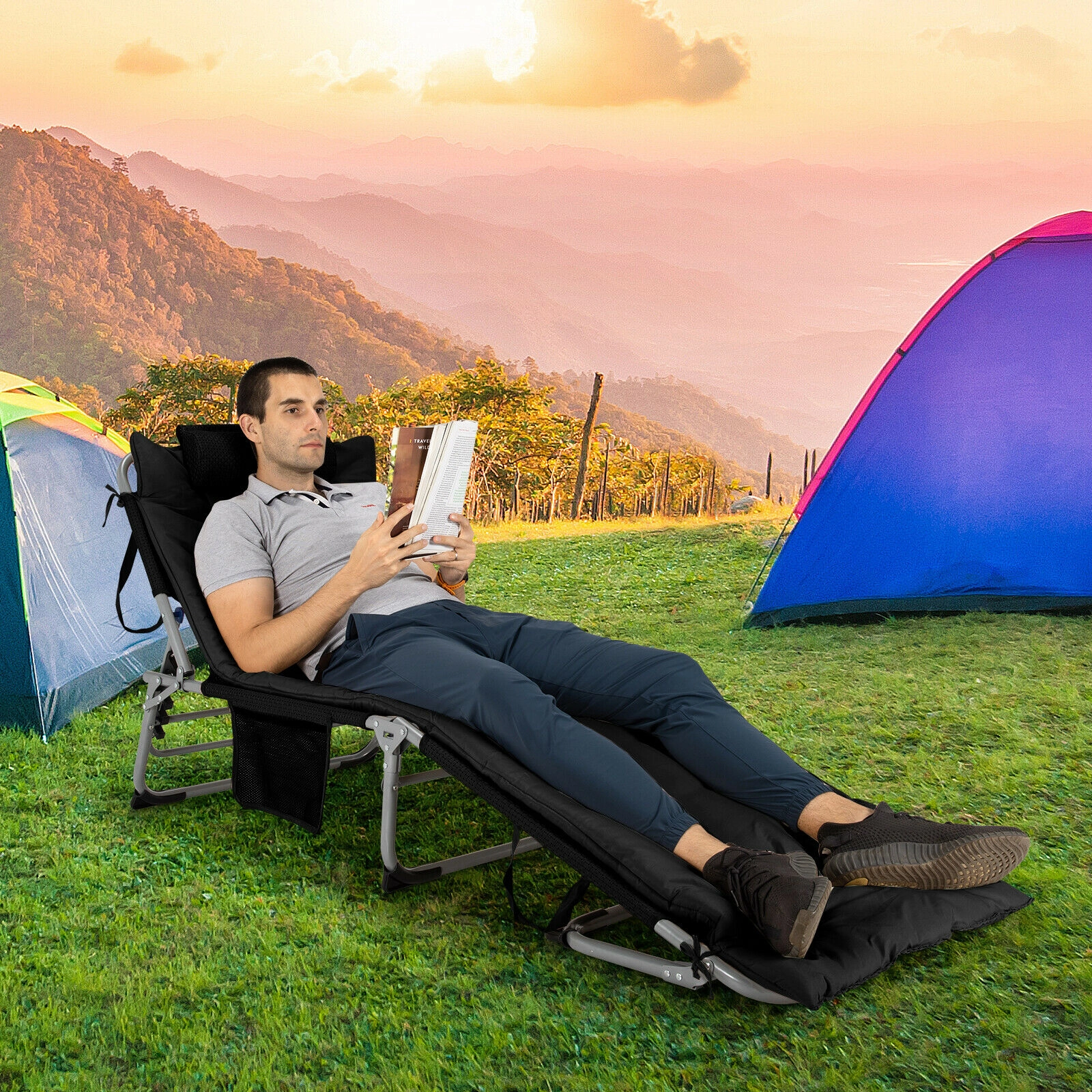 SUGIFT 4-Position Padded Folding Lounge Chair 330-Lb Capacity with Removable Soft Mattress & Neck Pillow Black/Beige