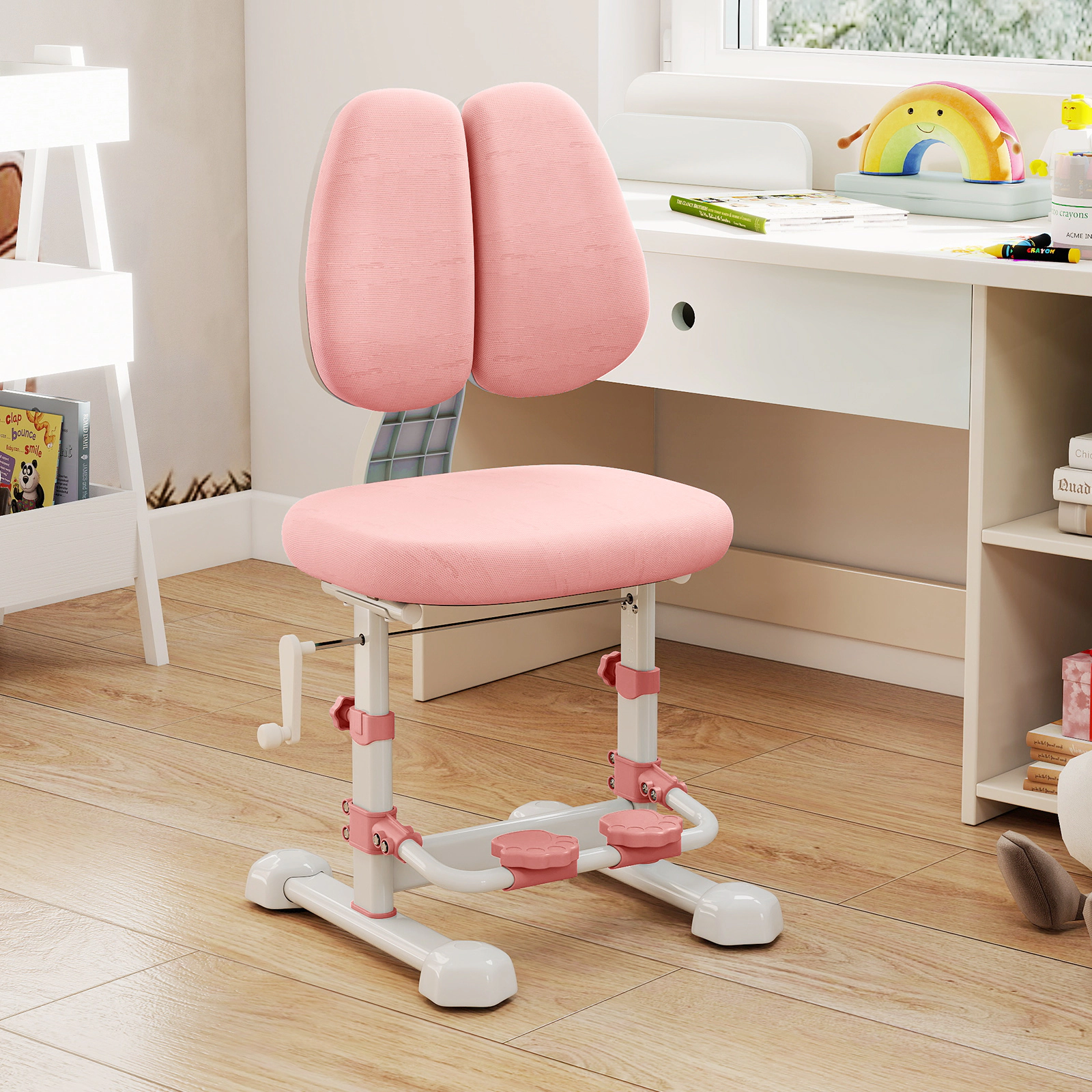 SUGIFT Pink Kids Study Chair, Double Backrest, Adjustable Footrest, Stepless Seat Height, 220-lb Capacity