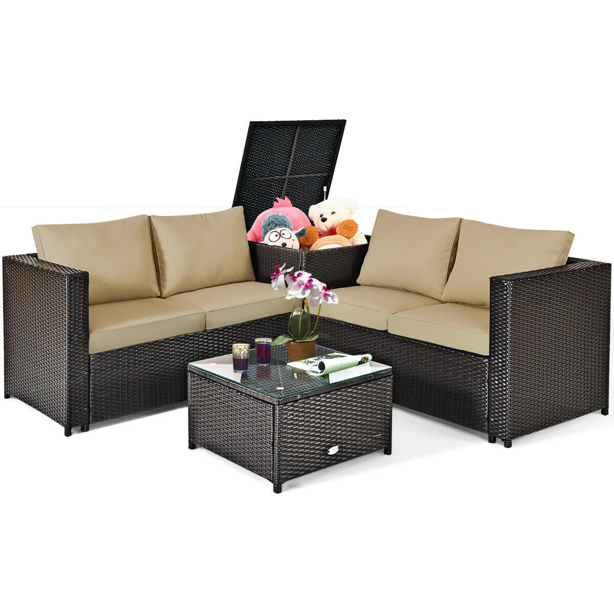 SUGIFT 4-Piece Brown Rattan Patio Set with Loveseat, Glass Coffee Table and Storage Table