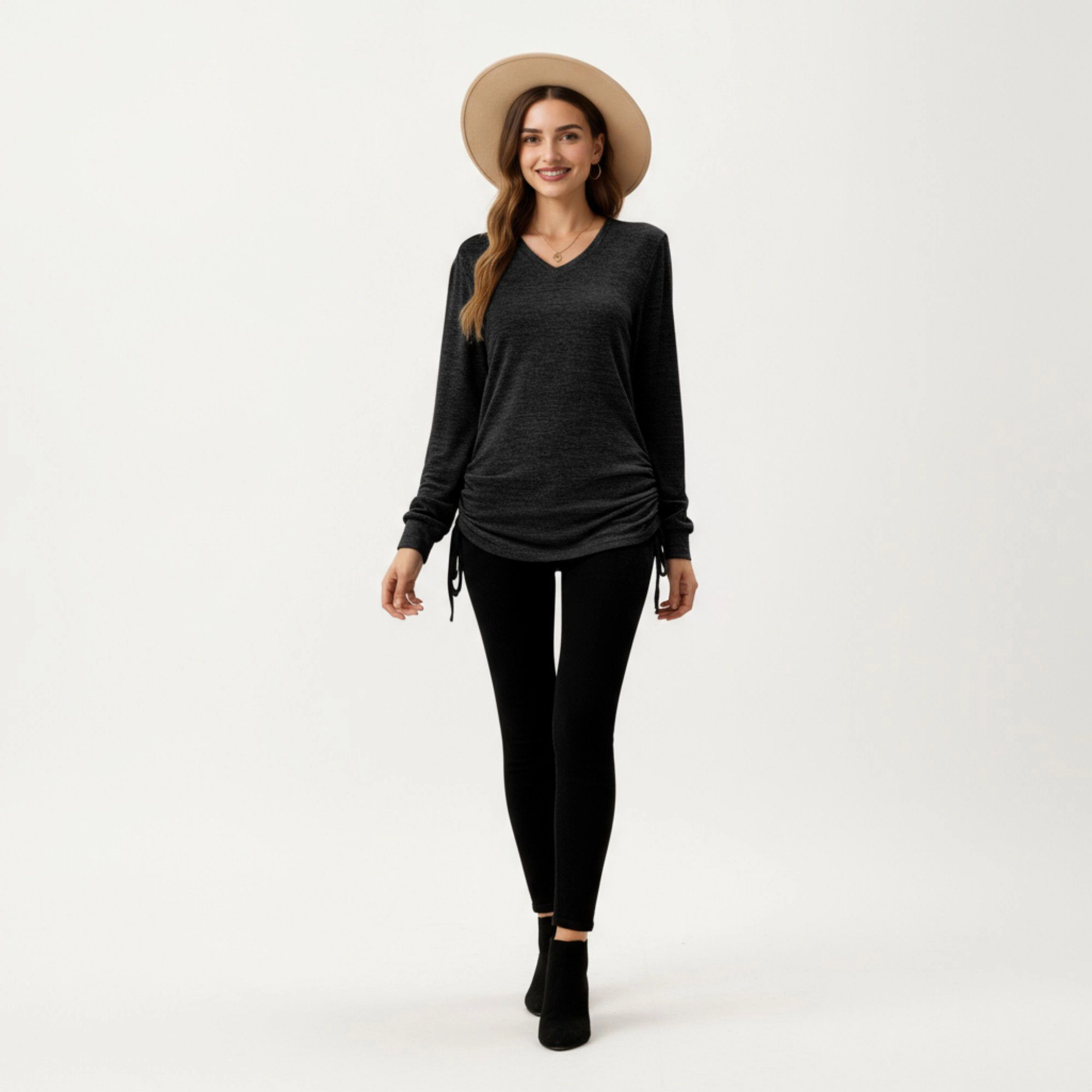 Anna-Kaci Women's V-Neck Side Drawstring Ruched Hem Long Sleeve Knit Top