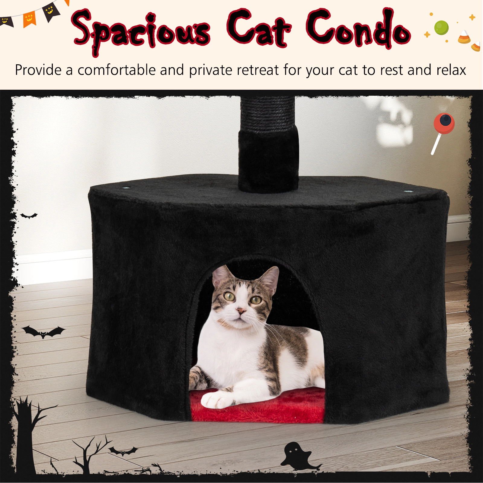 SUGIFT Adjustable Floor to Ceiling Gothic Cat Tree 97-118-in Tall 5-Tier Condo 22-lb Layers Red+Black