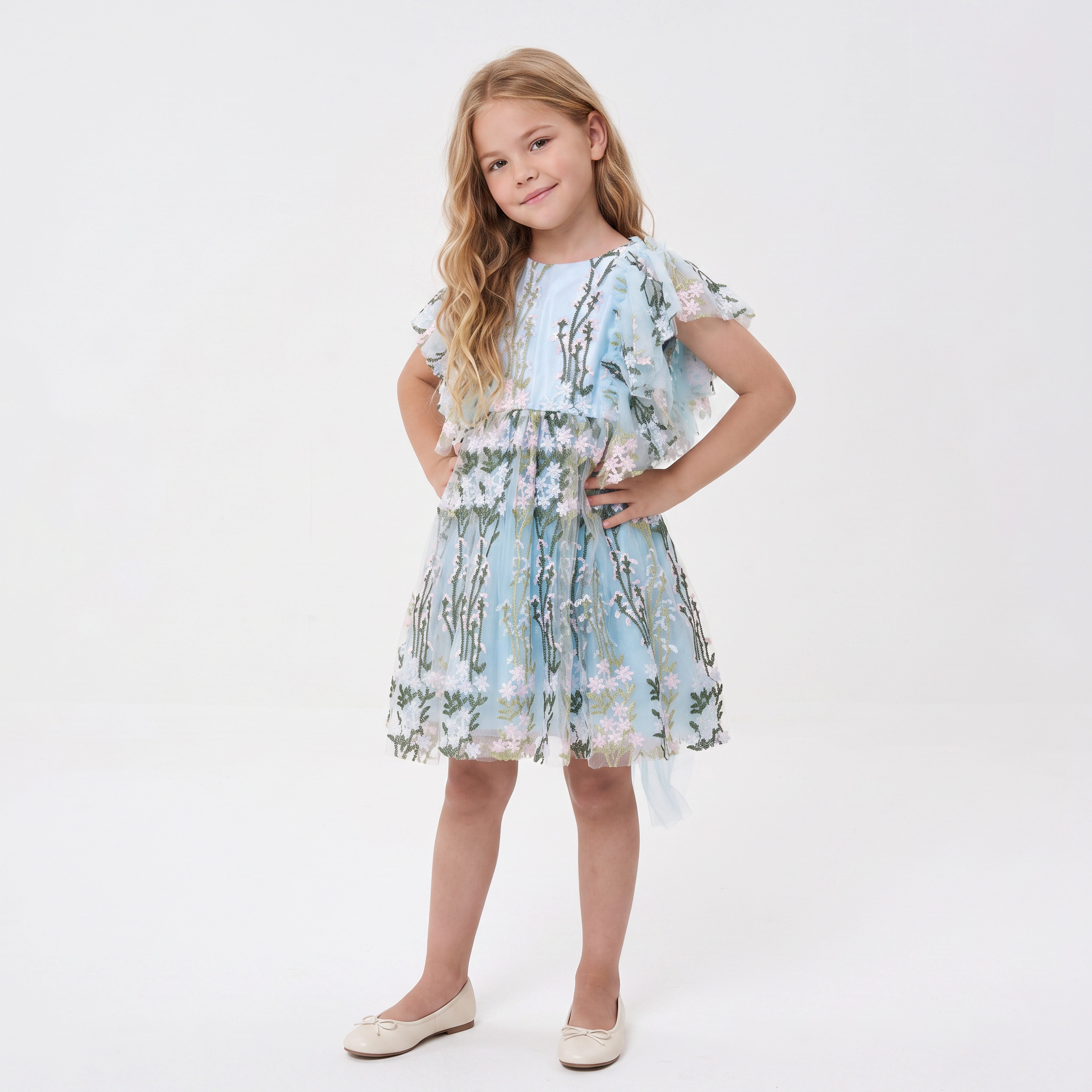 2Bunnies Girls' 2T-6Y Floral Embroidered Tulle Flutter Sleeve Back Bow Dress