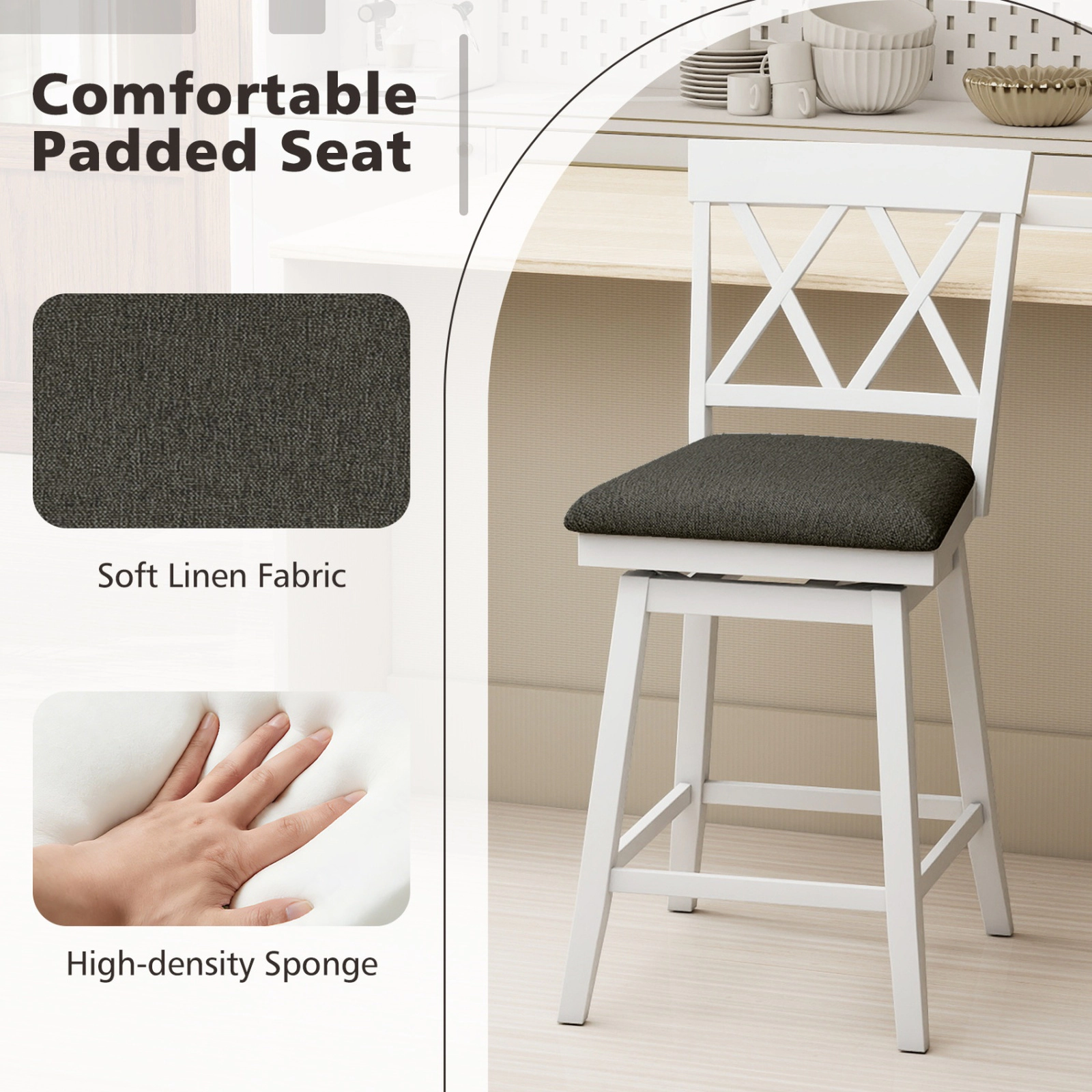 SUGIFT Set of 2 24-Inch Counter-Height Swivel Stools, Linen Cushions, Oak-Finish Frame