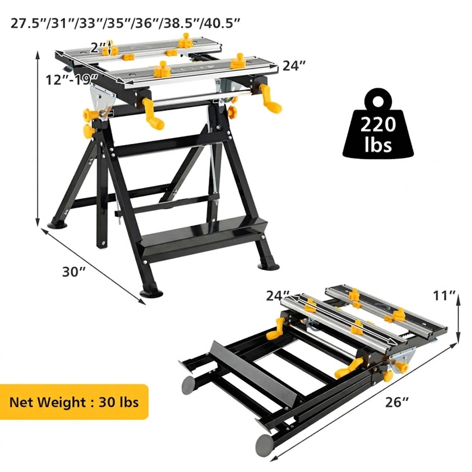 SUGIFT 220-lb Capacity Folding Work Table with 7-Level Height Adjustment and 4-Angle Tilting Platform