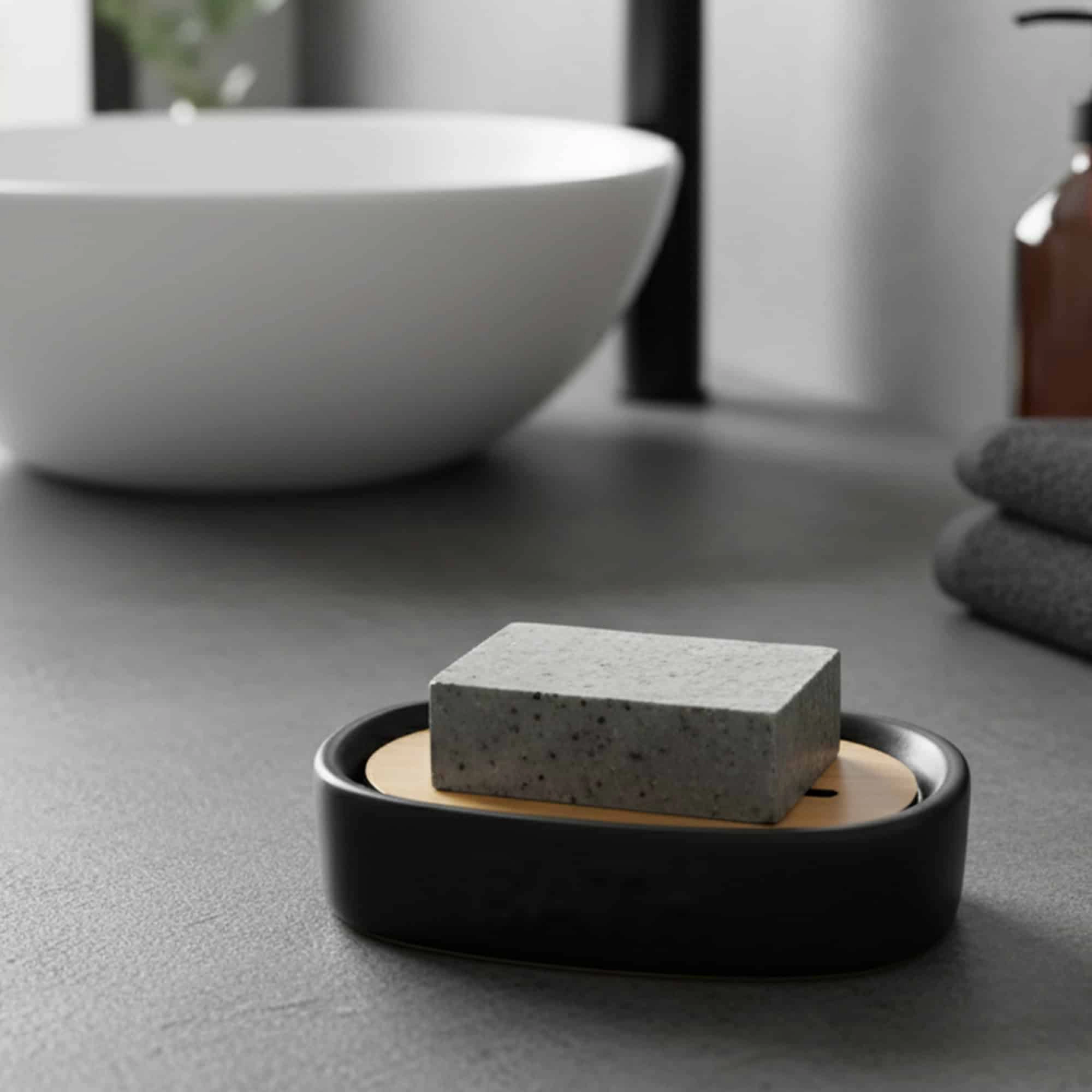 Evideco French Home Goods Dolomite Soap Dish with Removable Bamboo Slat Tray - Matte Black, 2-Piece