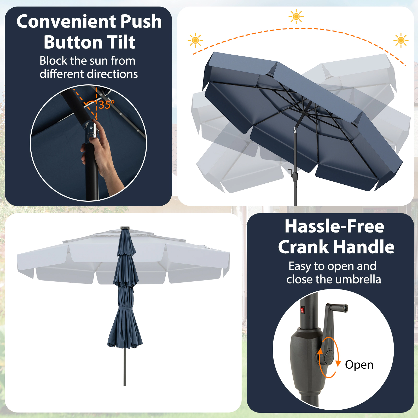 SUGIFT Navy 10 ft Solar Patio Umbrella with 3-Tier Vented Top and Auto Tilt