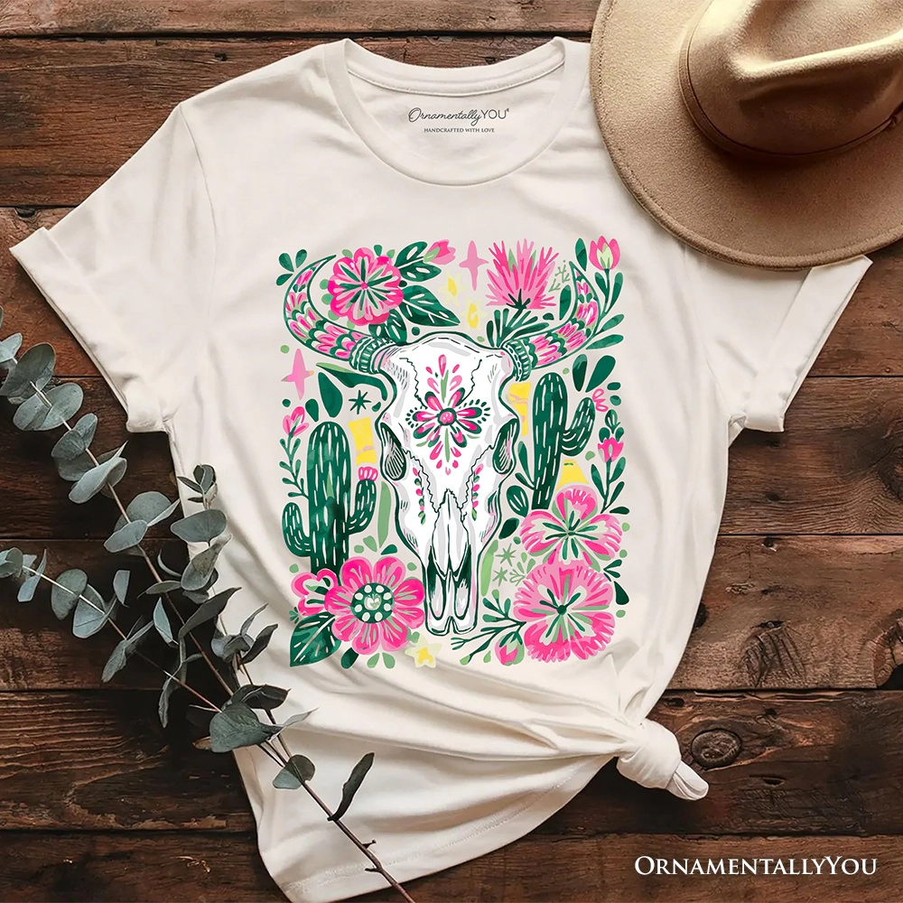 OrnamentallyYou Womens Western Floral Cow Skull Wildflower Cactus T-Shirt