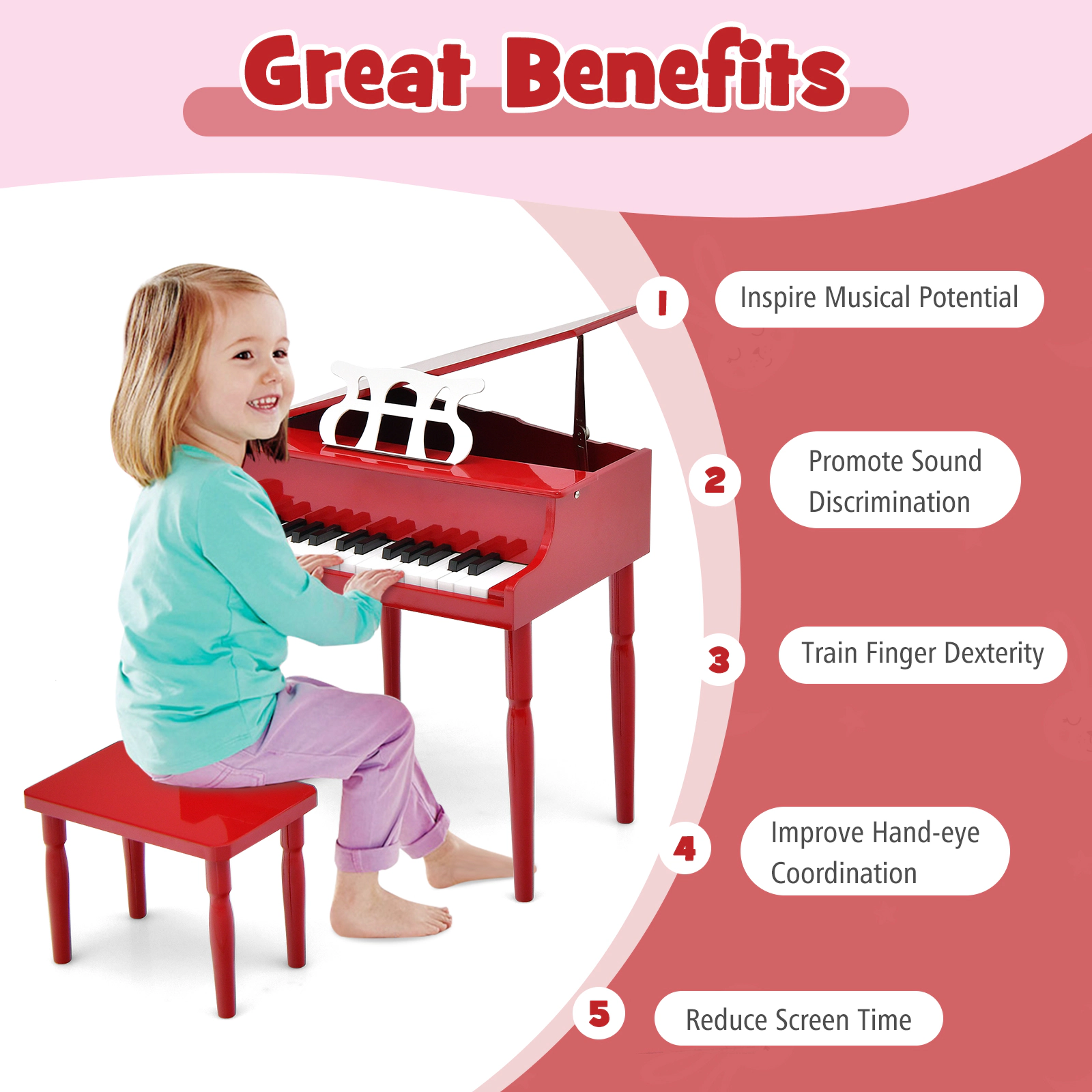 SUGIFT Kids Red 30-Key Wooden Toy Grand Piano with Bench and Music Rack 20-in W 19-in D 19-in H Ages 3-8