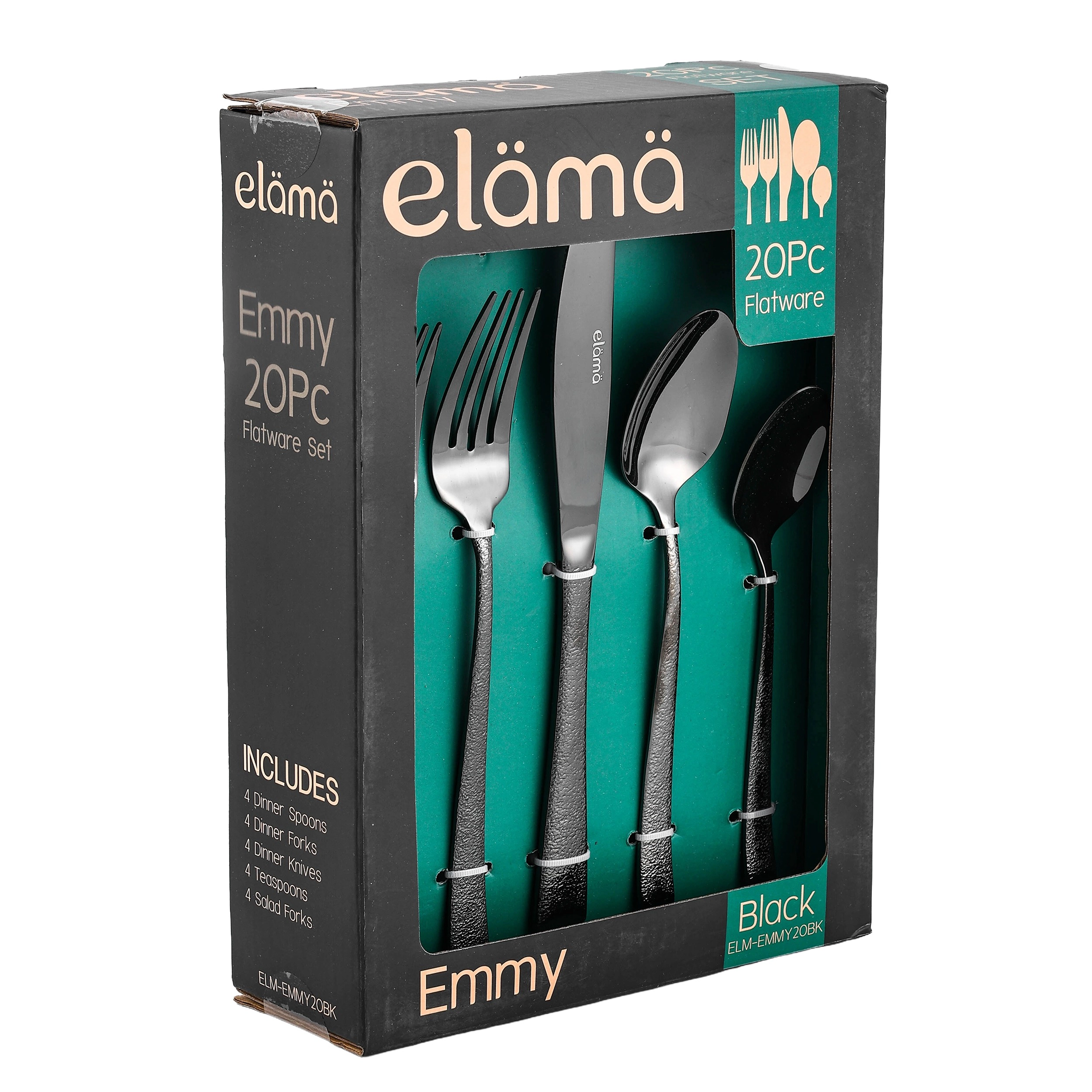 Elama Emmy 20 Piece Mirror Polished Stainless Steel Flatware Set Black