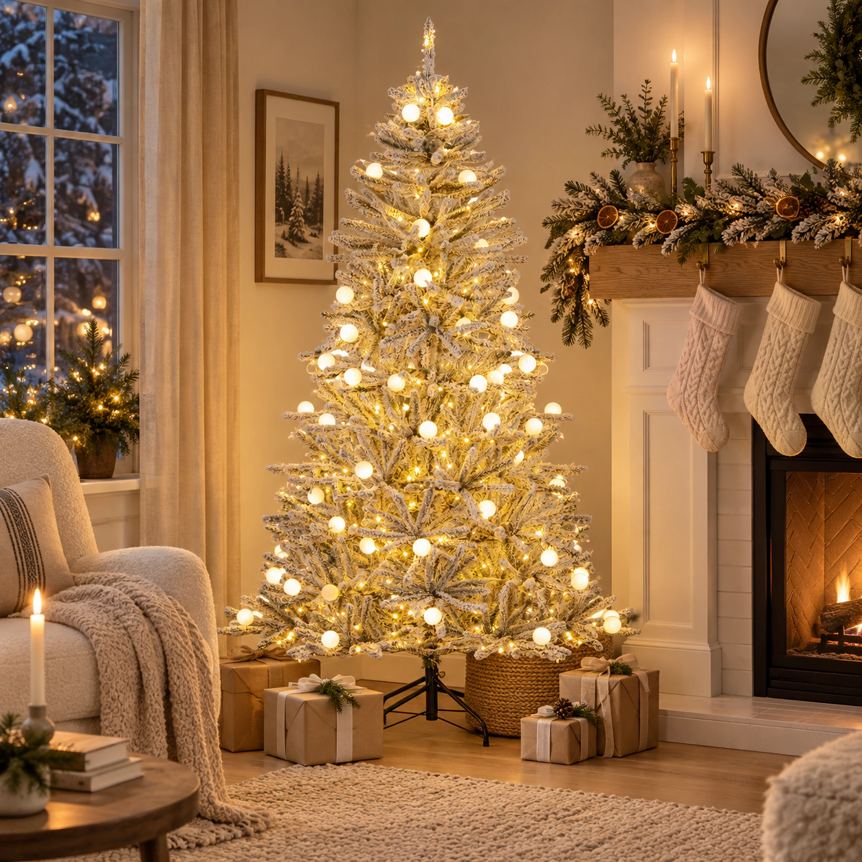 SUGIFT 6-ft Pre-Lit Snow Flocked Hinged Christmas Tree with 250 LEDs and 51 Frosted Sphere Lights and Remote White