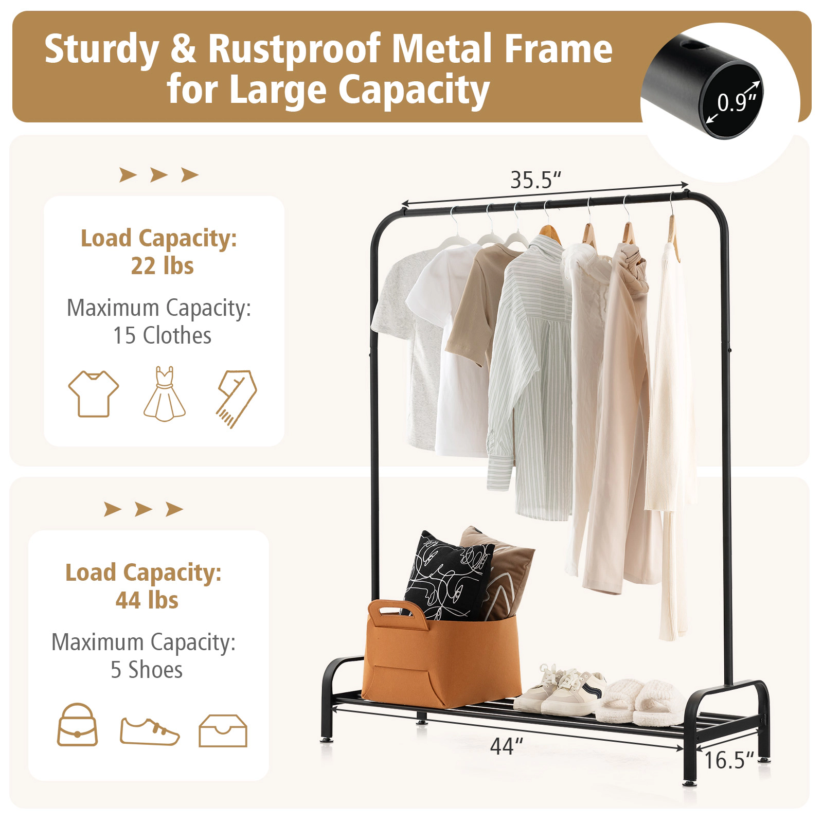 SUGIFT Heavy Duty Metal Clothes Stand Garment Rack with Top Rod and Lower Storage Shelf 44-lb Rod 22-lb Shelf Black