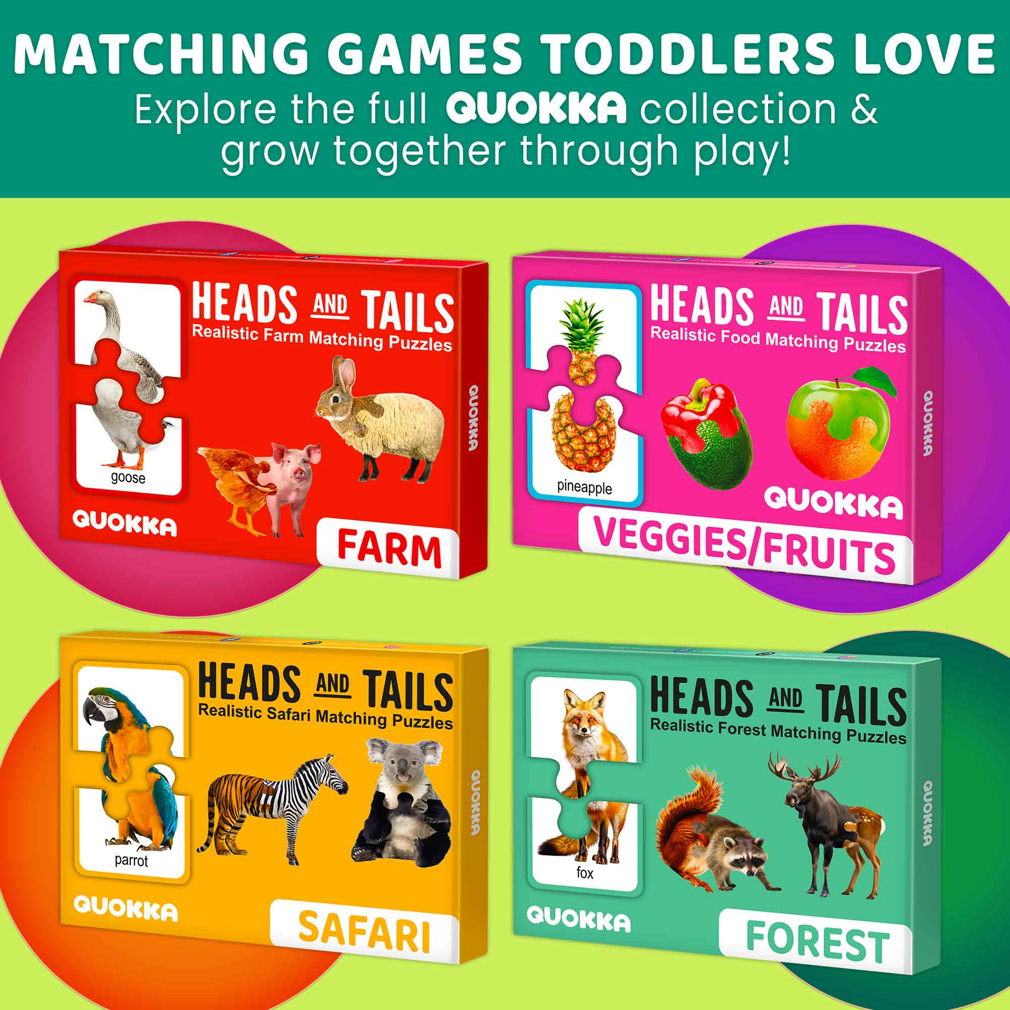 QUOKKA Self-Correcting Matching Puzzles for Toddlers, 32-Piece Memory Game, Animals & Food, Ages 1+