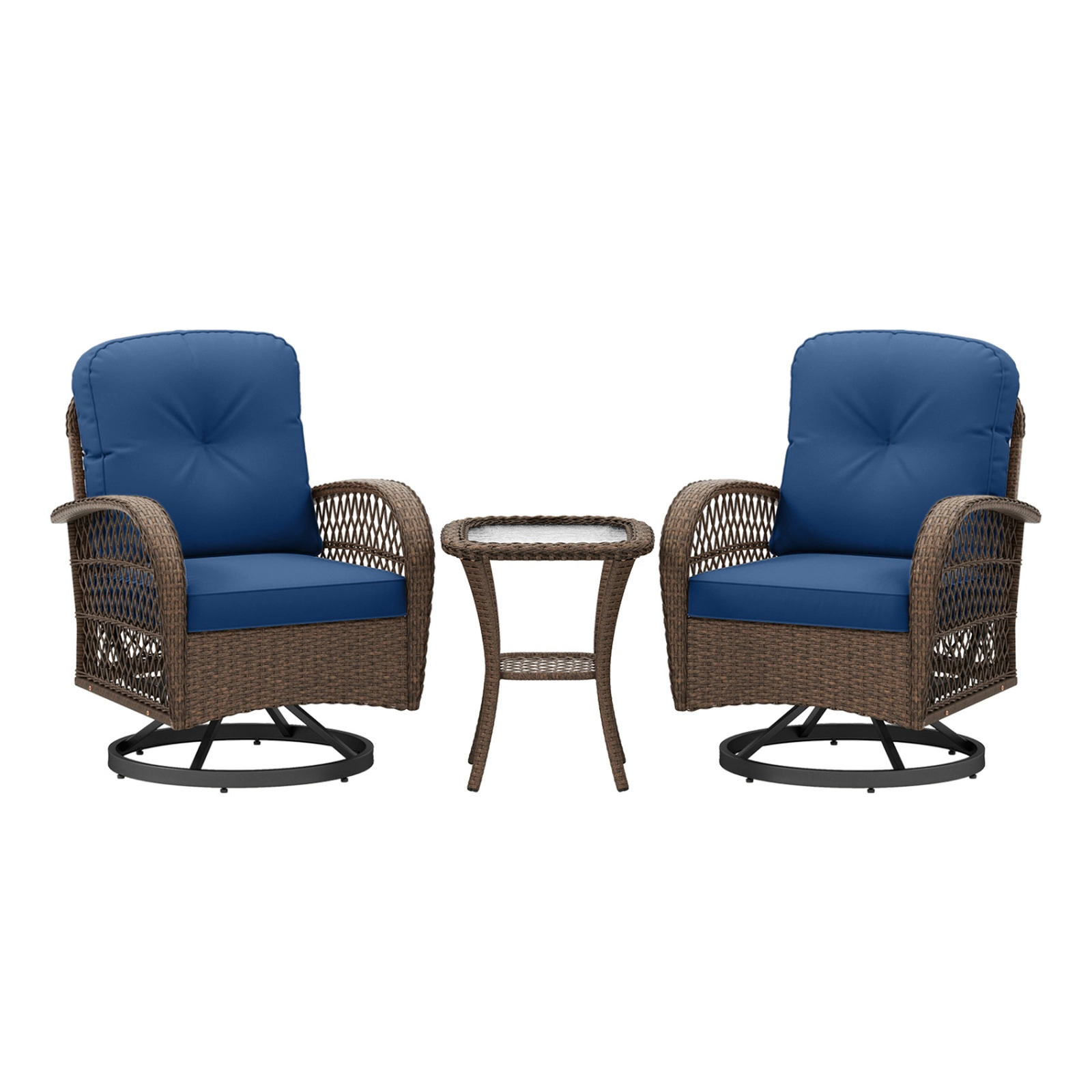 SUGIFT 3-Piece Brown Patio Furniture Set with 2 Swivel Rocker Chairs and 2-Tier Side Table 400-lb Per Seat