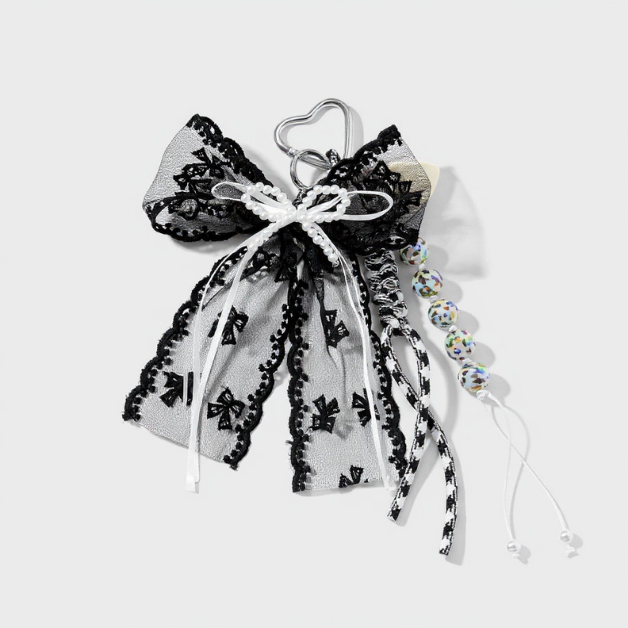 Alilang Women's Black Lace Bow Keychain with Heart Clasp and Beaded Ribbon Details