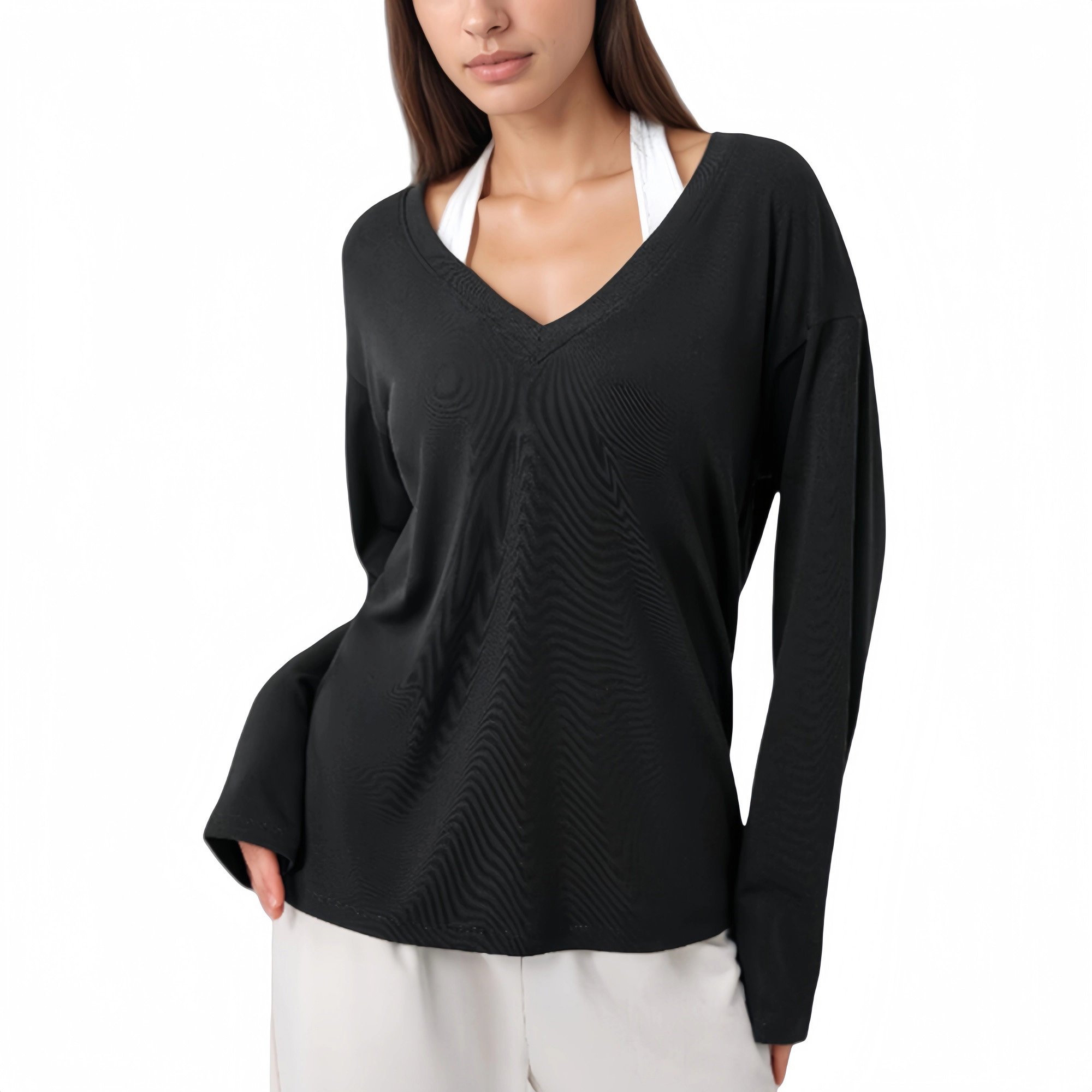 Anna-Kaci Women's Long Sleeve V-Neck Pullover Top with Relaxed Fit and Drop Shoulder Design