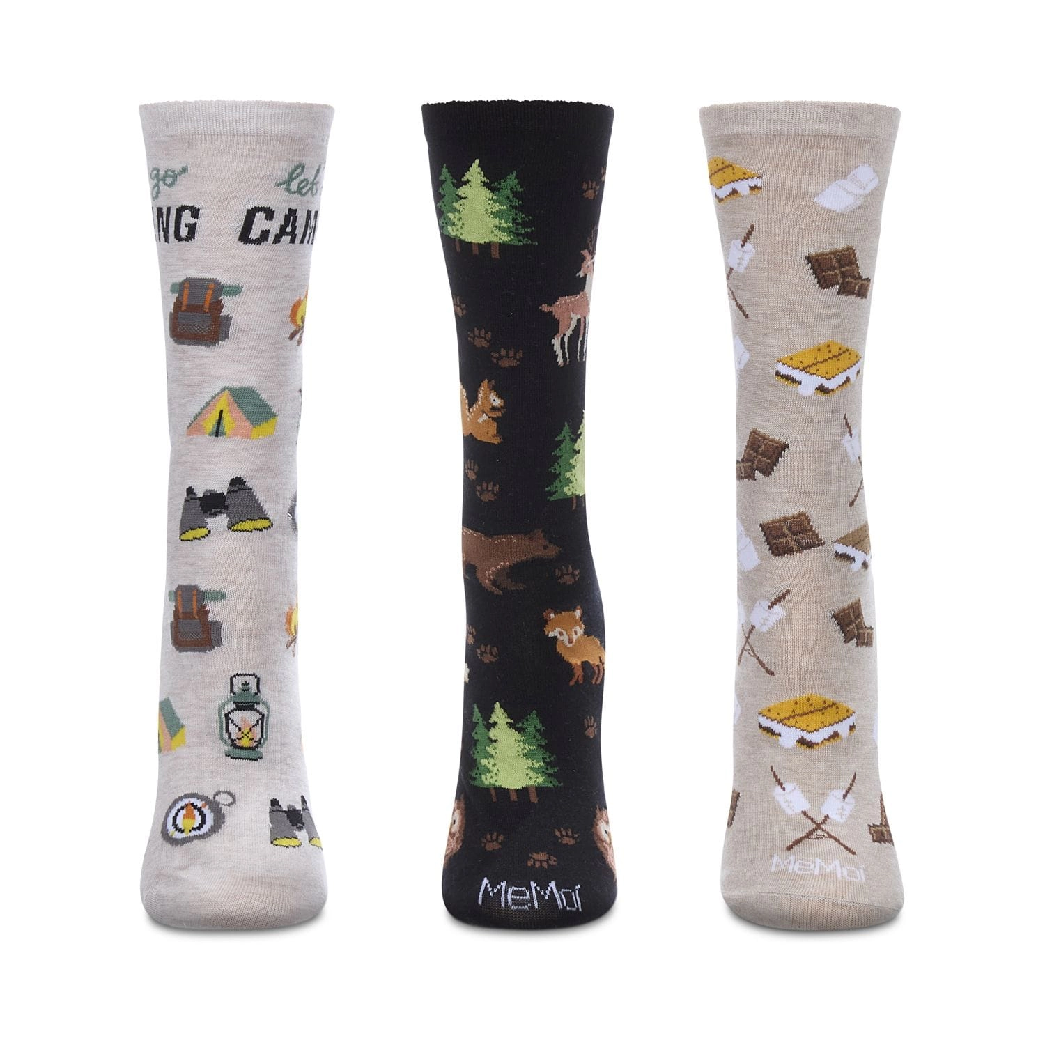 MeMoi 3 Pair "Let's Go Camping" Rayon-Blend Novelty Crew Socks Gift Set