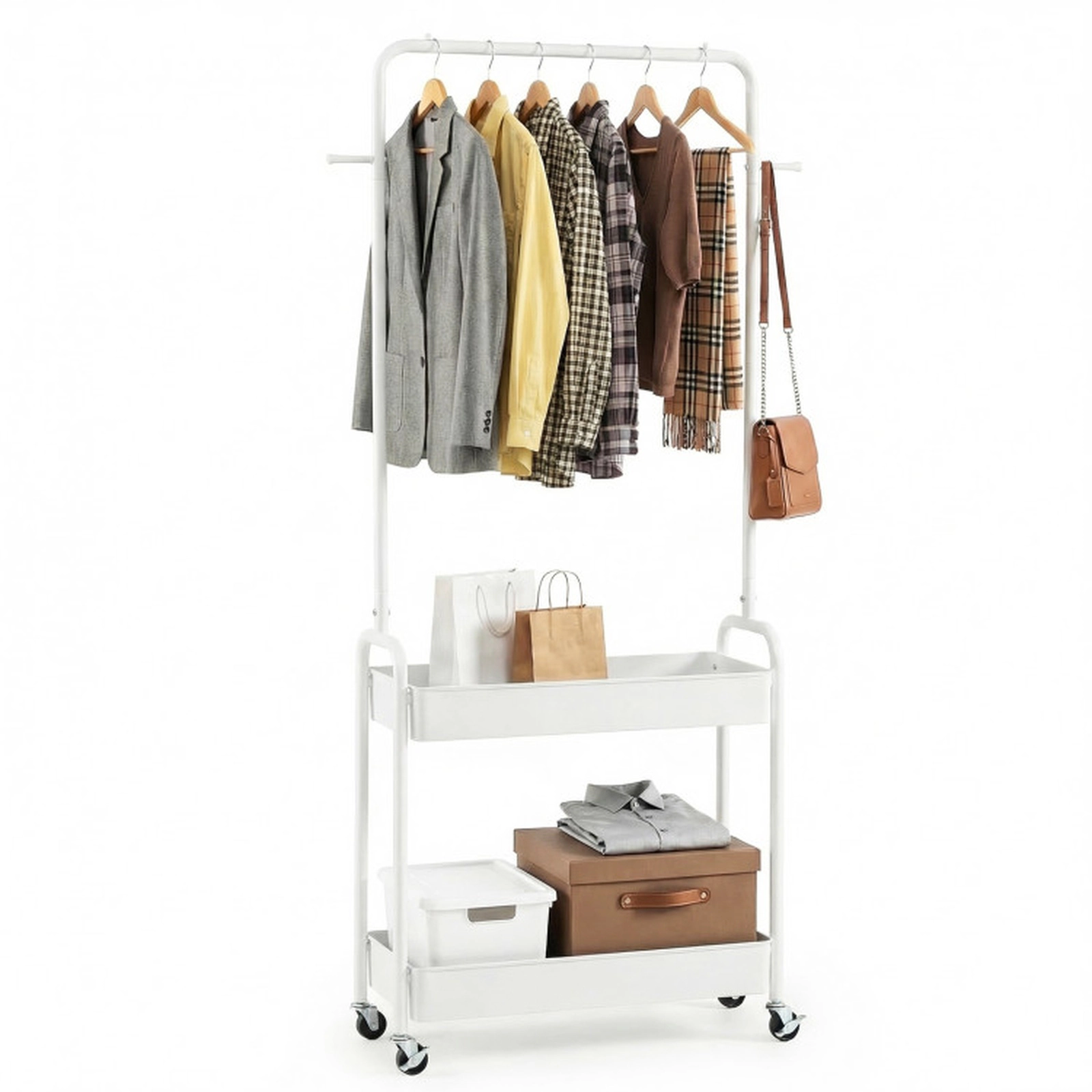 SUGIFT 65-in 80-lb Capacity White Rolling Clothes Rack with Hanging Rod Hooks and 2 Storage Baskets