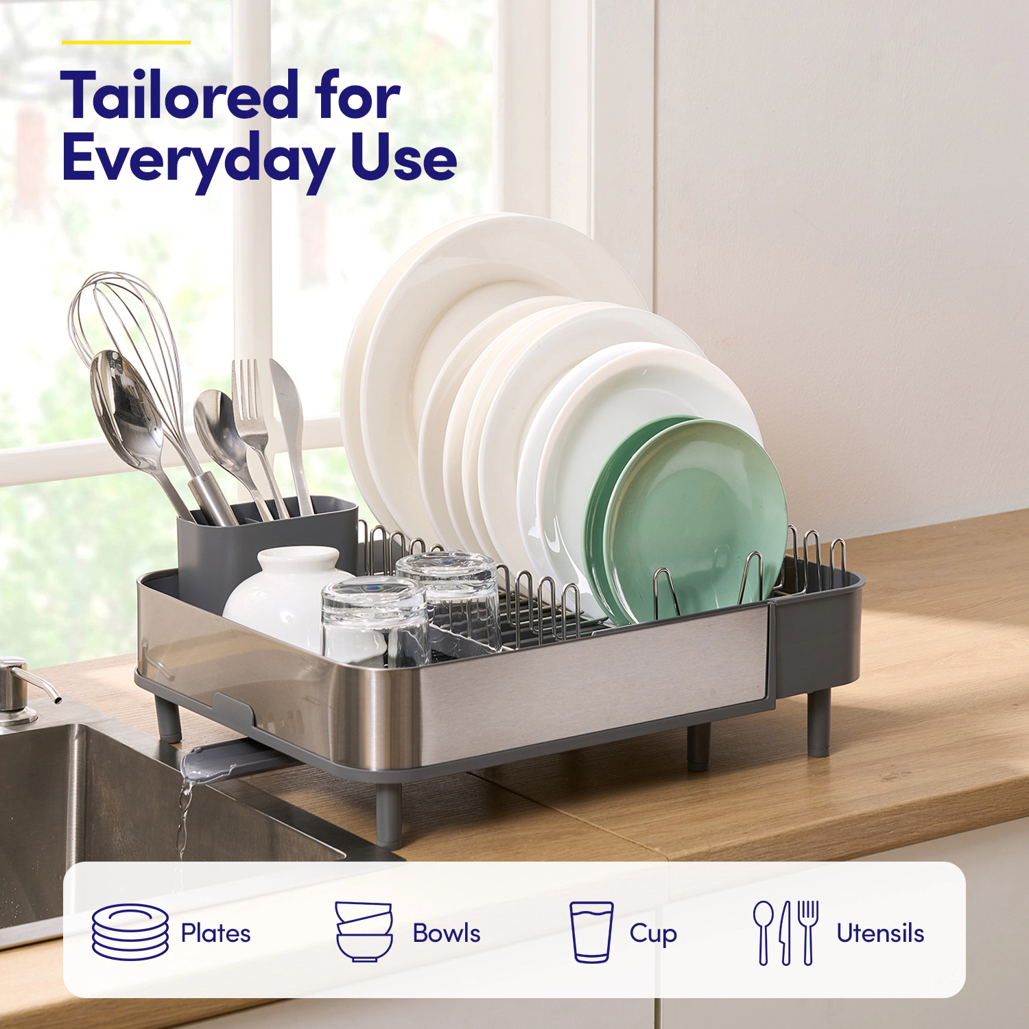 Sweet Home Collection 4-Piece Expandable Dish Drying Rack with Steel Frame, Wire Racks and Utensil Holder