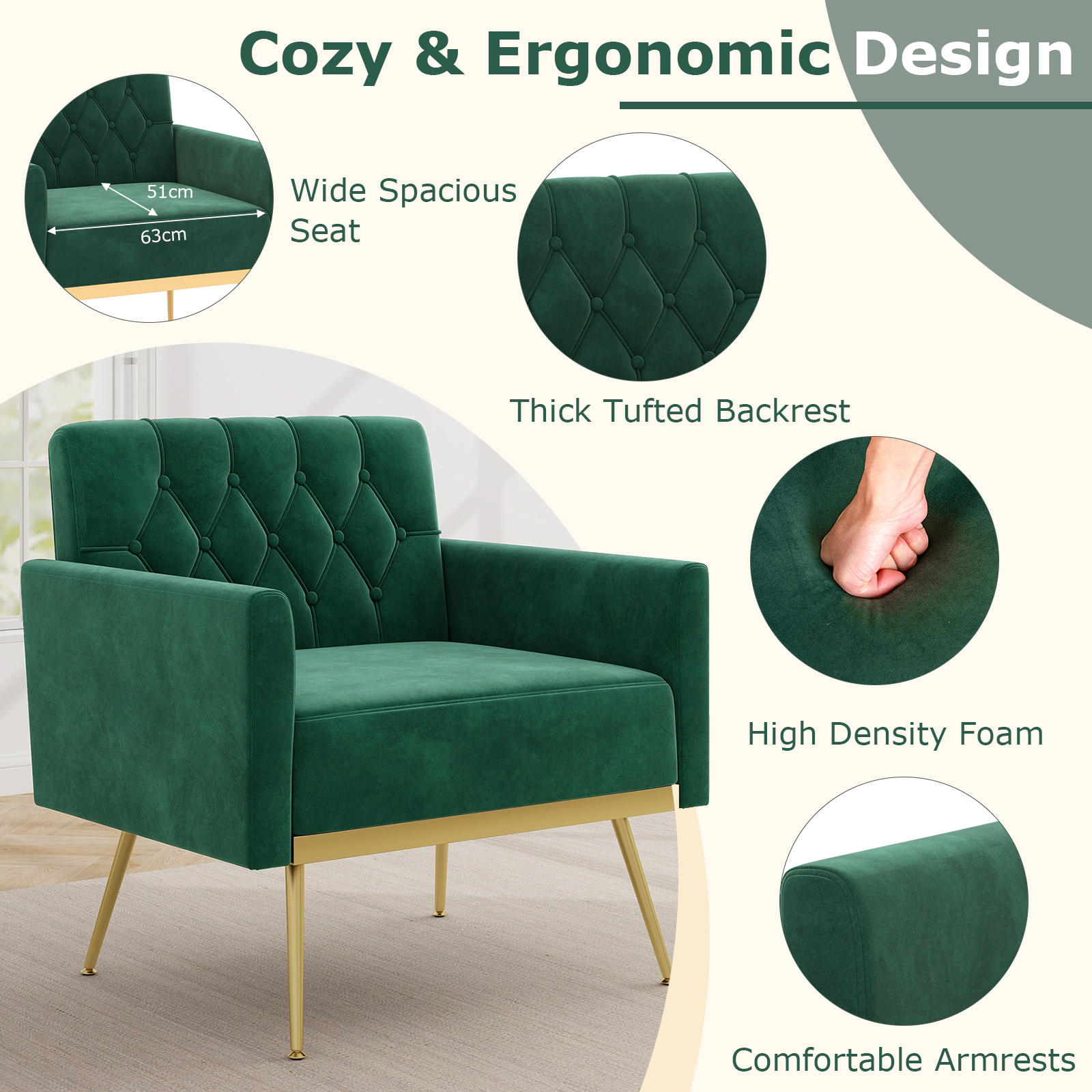 Hivvago Velvet Armchair with Tufted Backrest, Gold-Finished Legs, and Adjustable Foot Supports