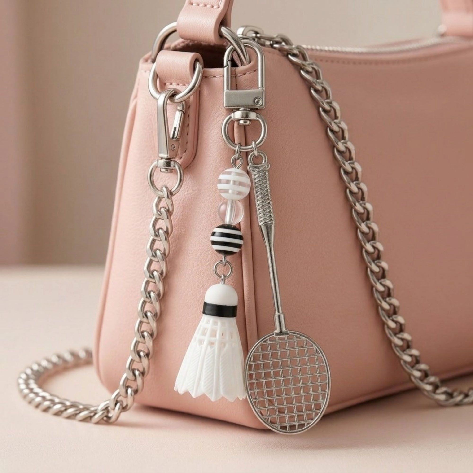 Alilang Women's Badminton Racket Keychain with Shuttlecock Charm Beaded Detail Metal Key Ring