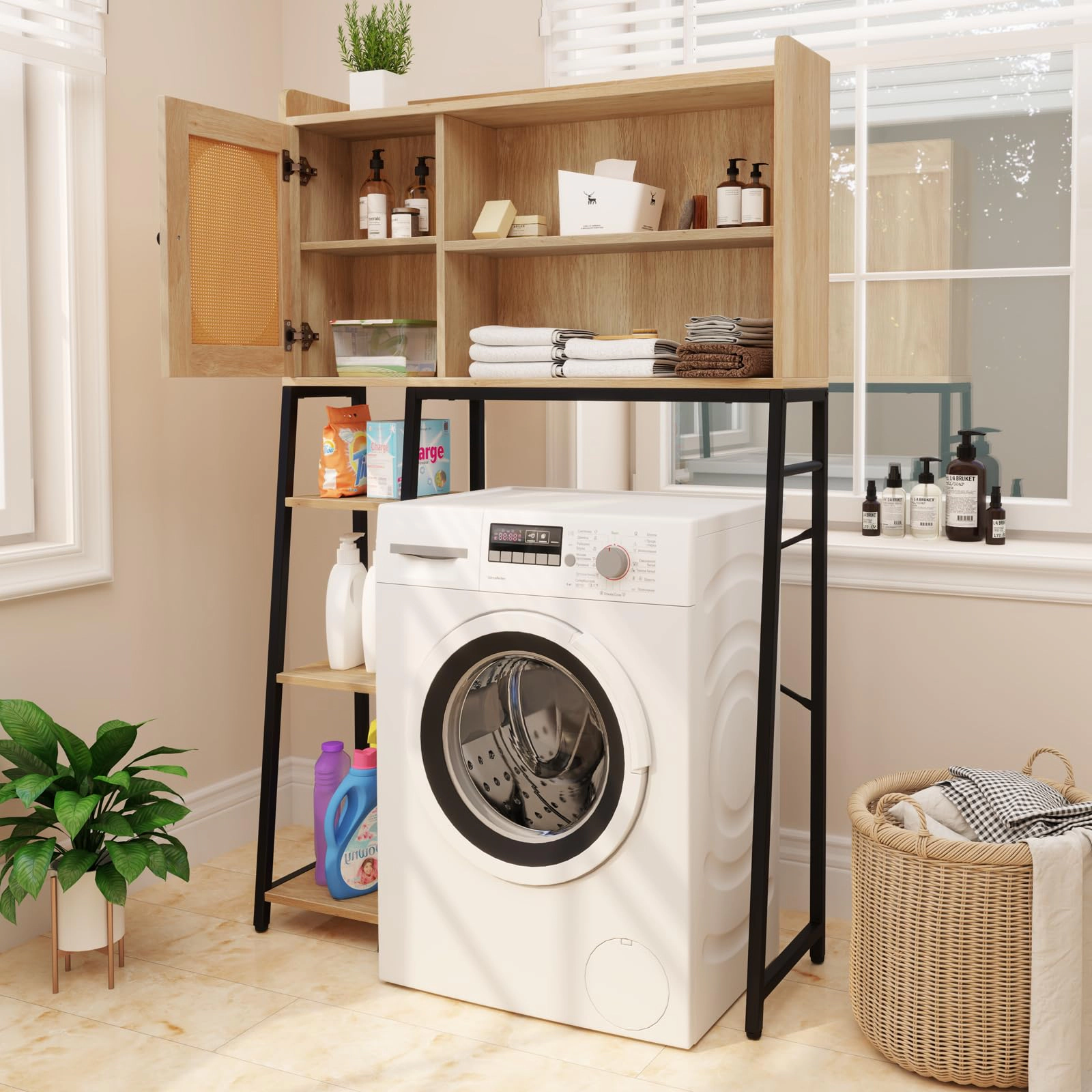 Glintex Over-the-Toilet Cabinet with PE Rattan Door and Anti-Falling Baffles, Natural