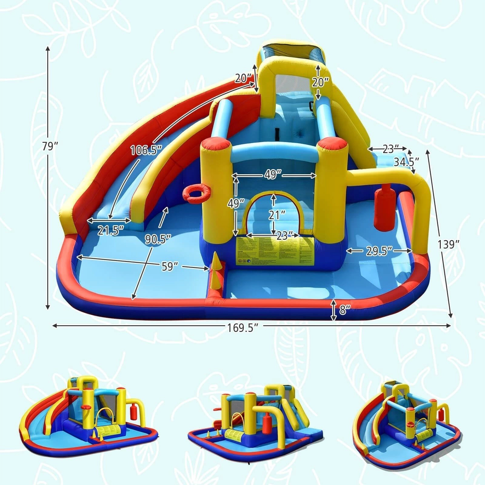 SUGIFT 7-in-1 Inflatable Water Slide Bounce House with 735W Air Blower & Splash Pool 66-lb Capacity Ages 3-12 Multicolor