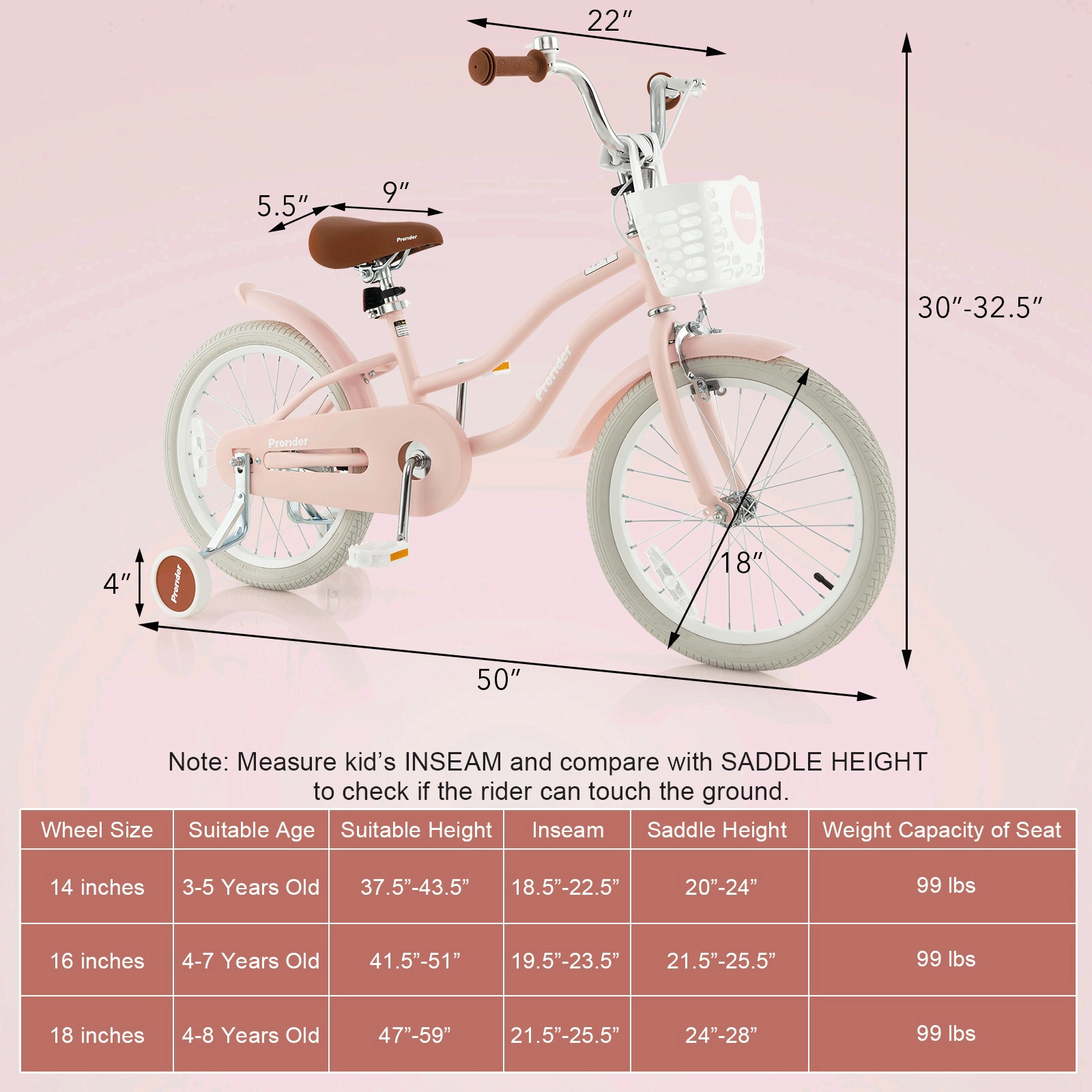 18-in Kids Bike Front Handbrake Rear Coaster Brake Removable Storage Basket Height Adjustable Handlebar Seat Pink