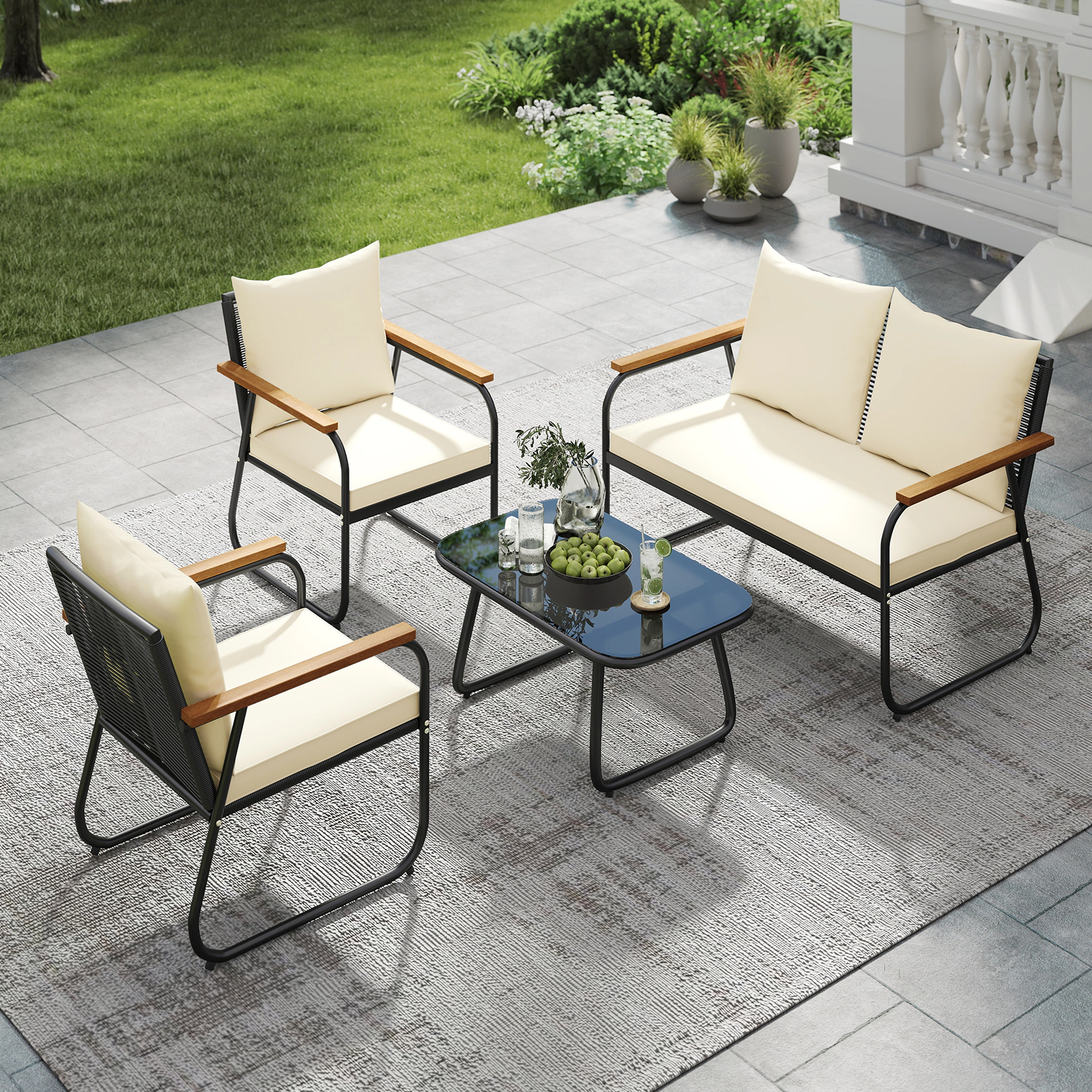 LJG 4 Pieces Patio Furniture Set with Tempered Glass Coffee Table