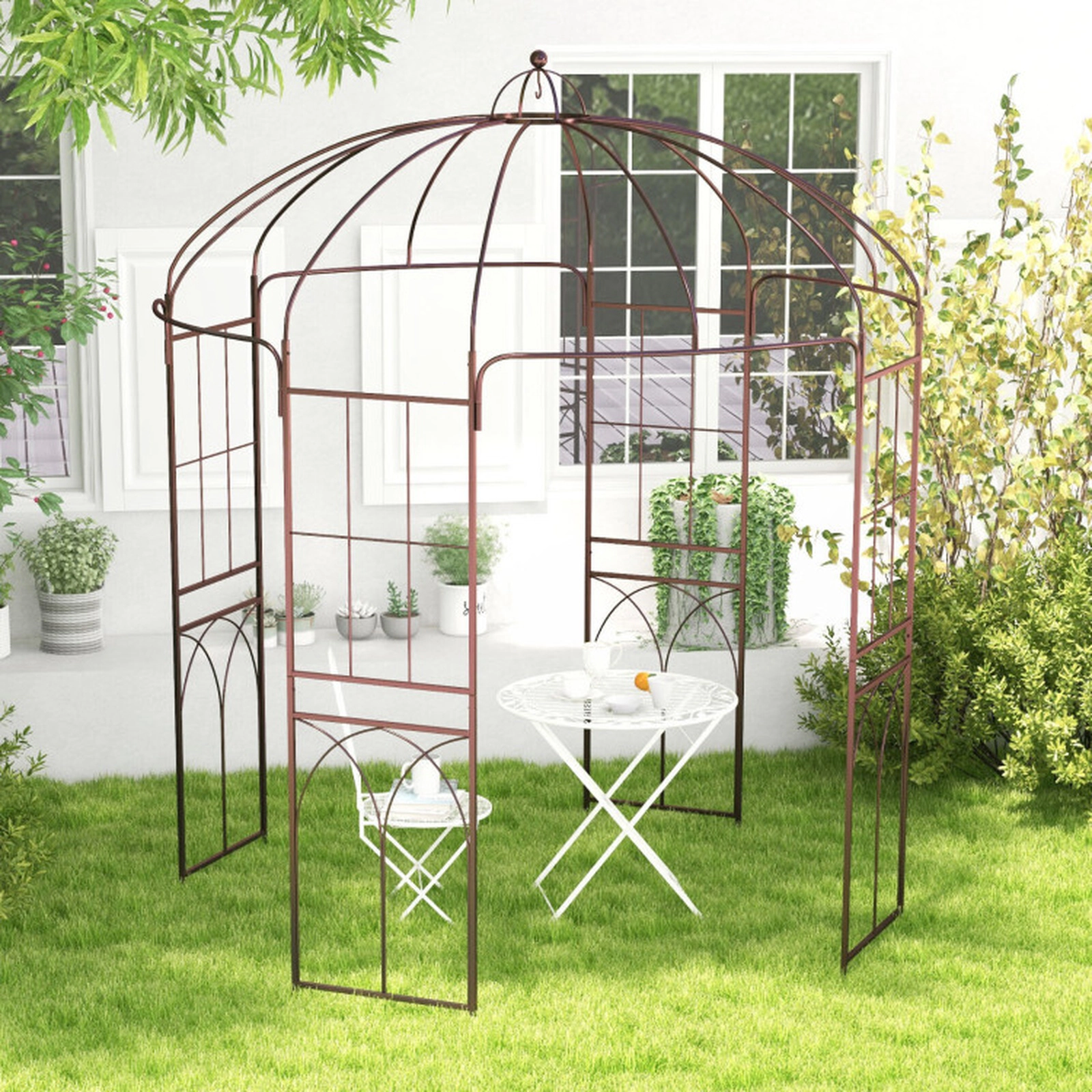 SUGIFT 8.4-ft Bronze Birdcage Shape Metal Garden Arbor with Anti-Rust Coating and 16 Ground Stakes