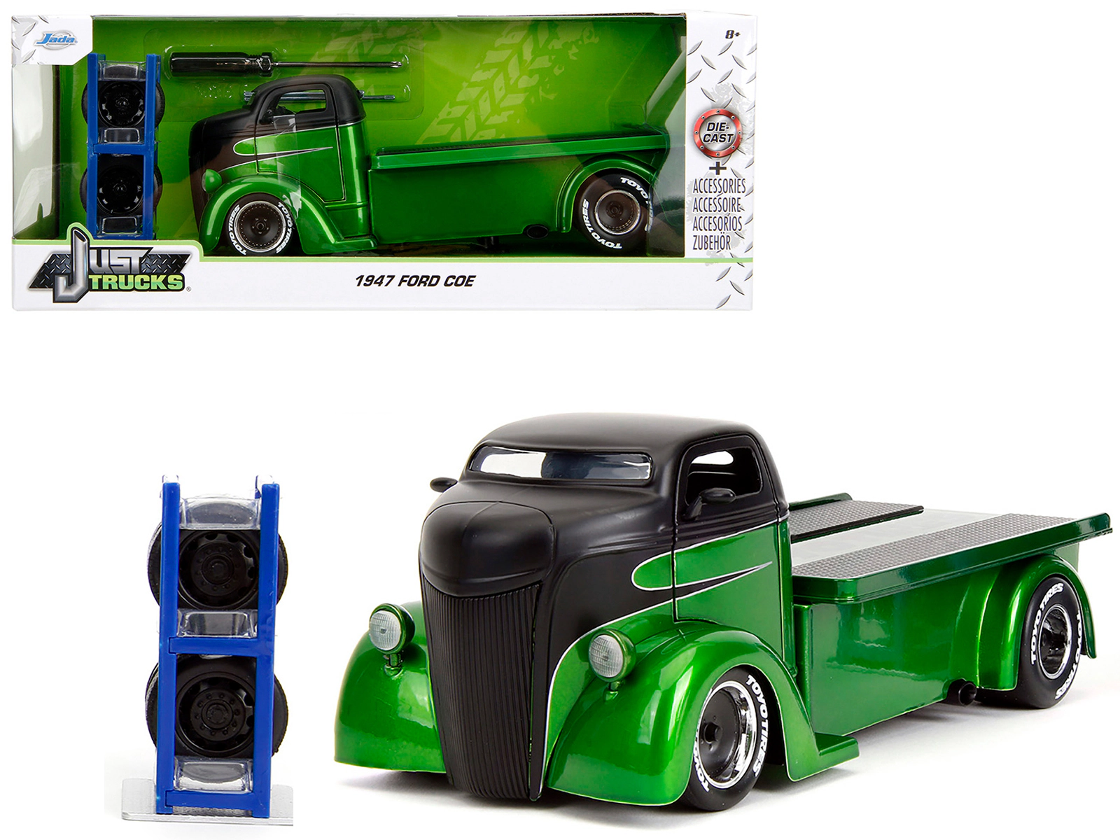 Jada 1947 Ford COE Flatbed Truck Green Metallic and Matt Black "Toyo Tires" with Extra Wheels "Just Trucks"