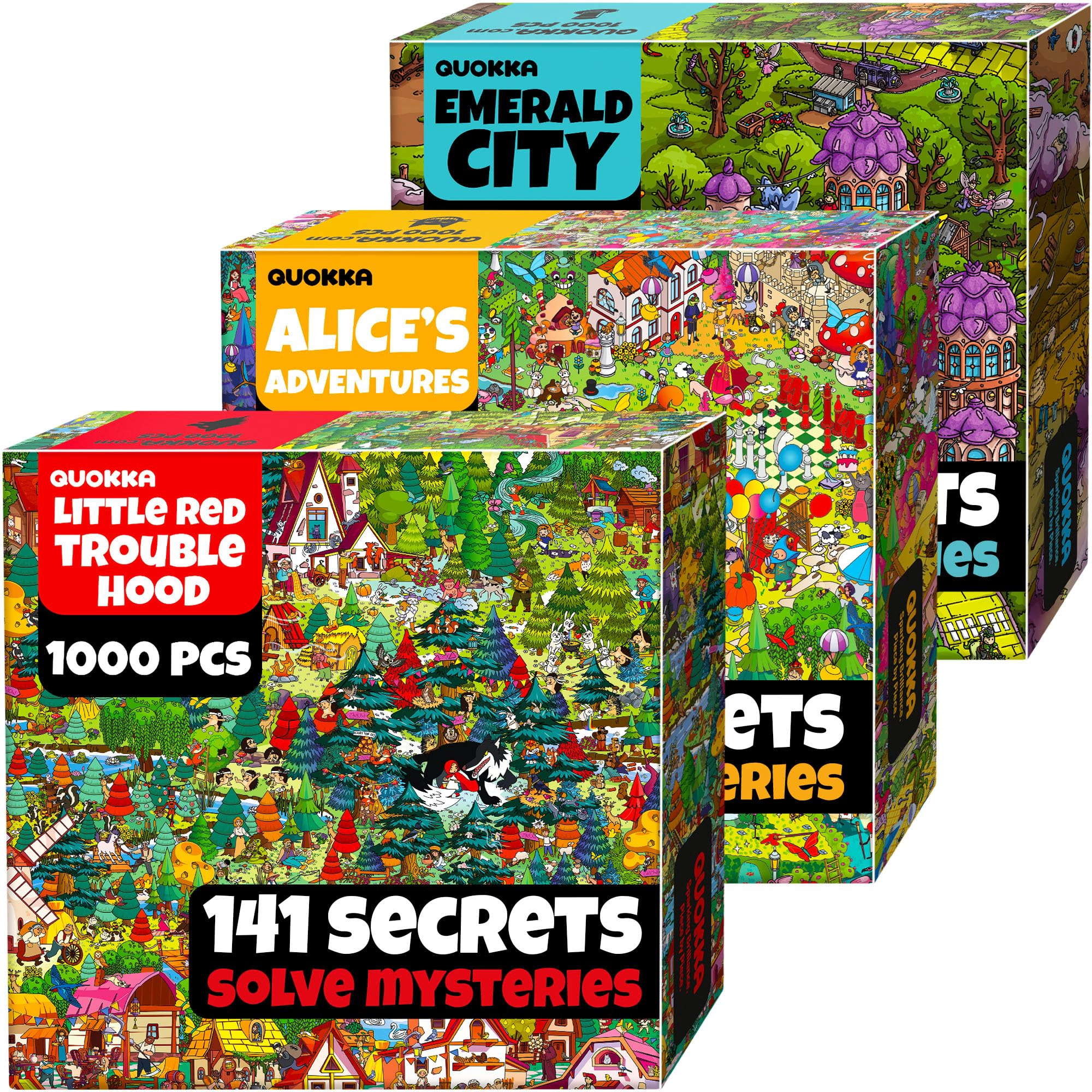 QUOKKA 1000-Piece Jigsaw Puzzle Set for Adults, 3-Pack, Fairy Tale Collection with Hidden Challenges & Audio Stories