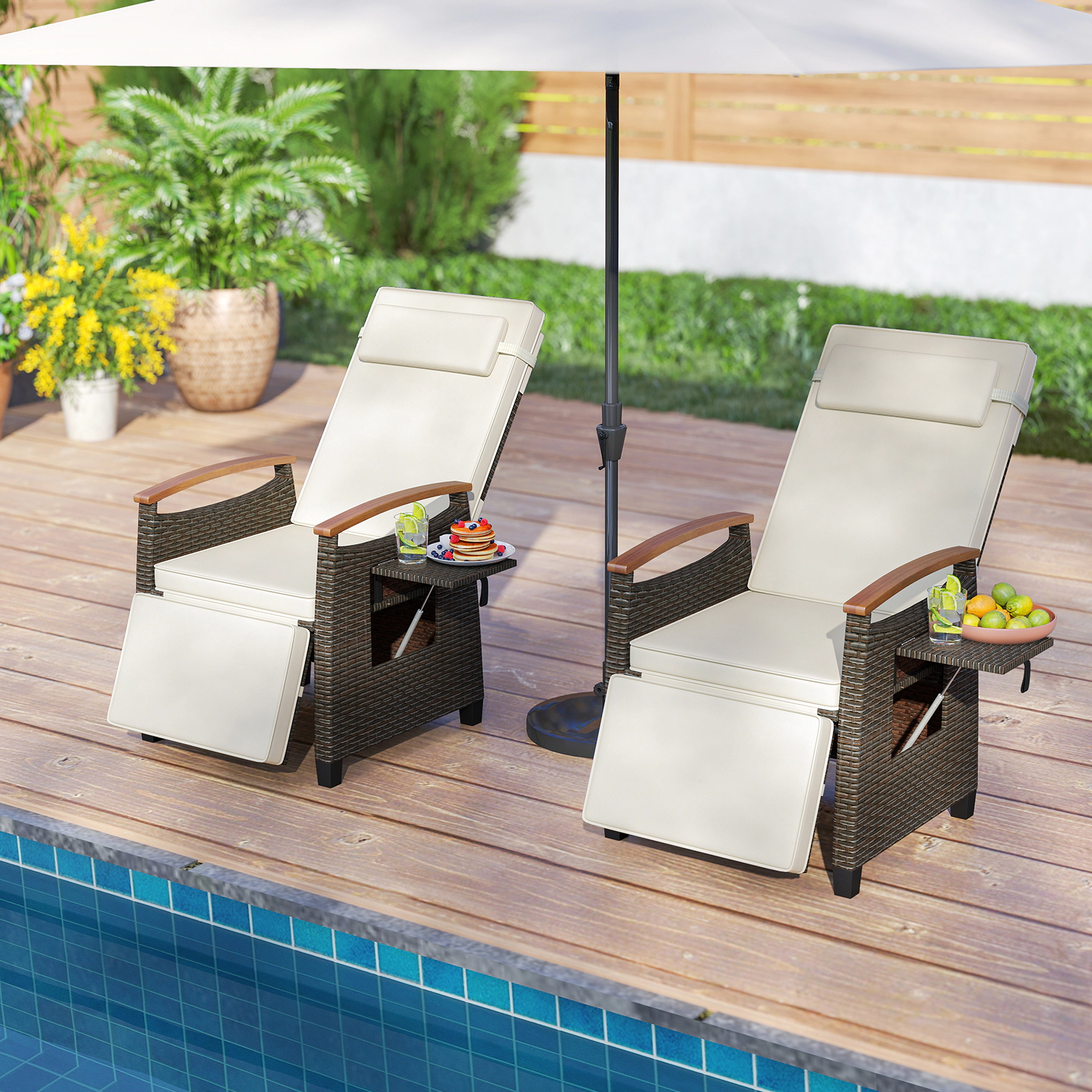SUGIFT White PE Rattan Outdoor Recliner Chair with 150° Recline and Side Table
