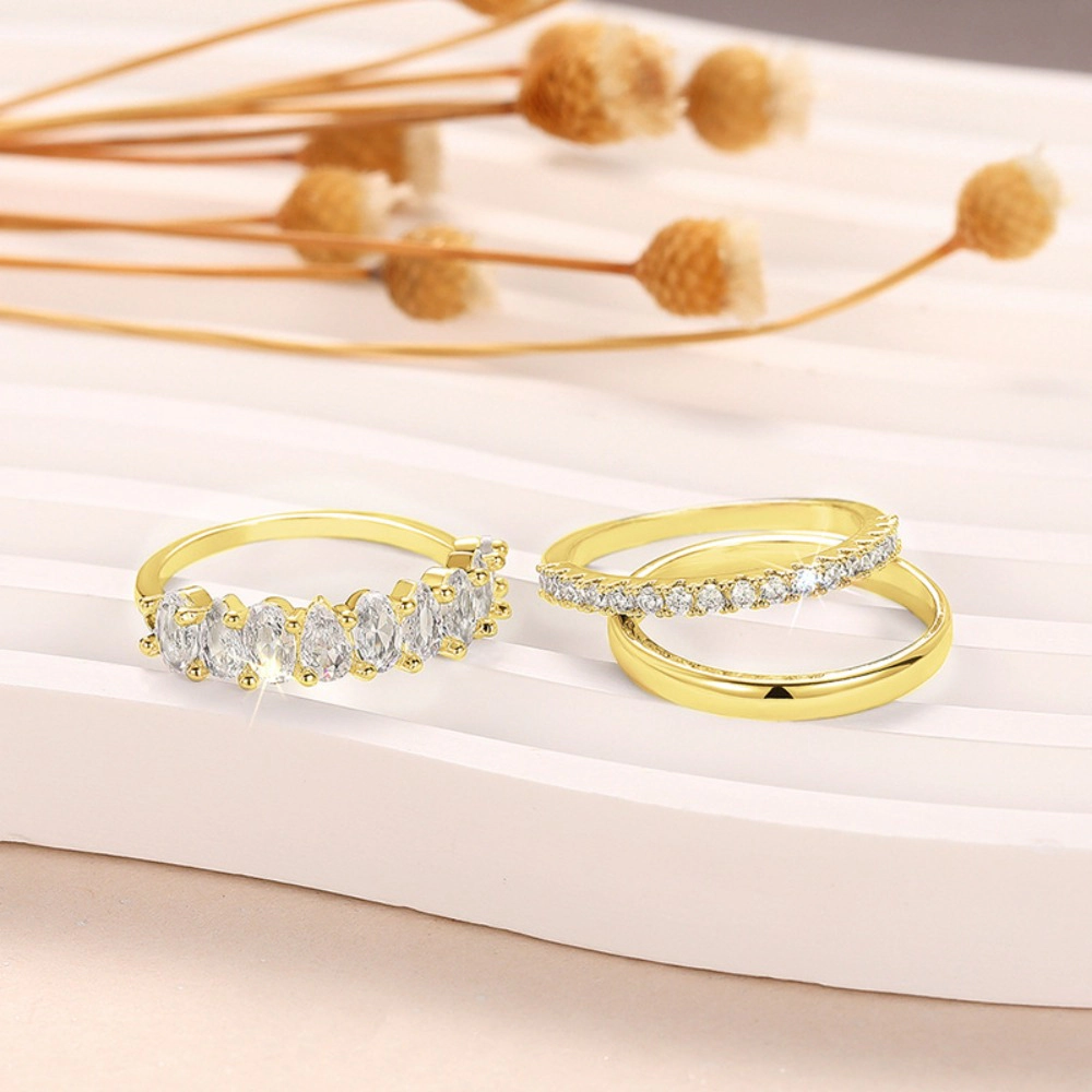 Women's Marquise Cubic Zirconia 2 Piece Stackable Wedding Band Ring Set