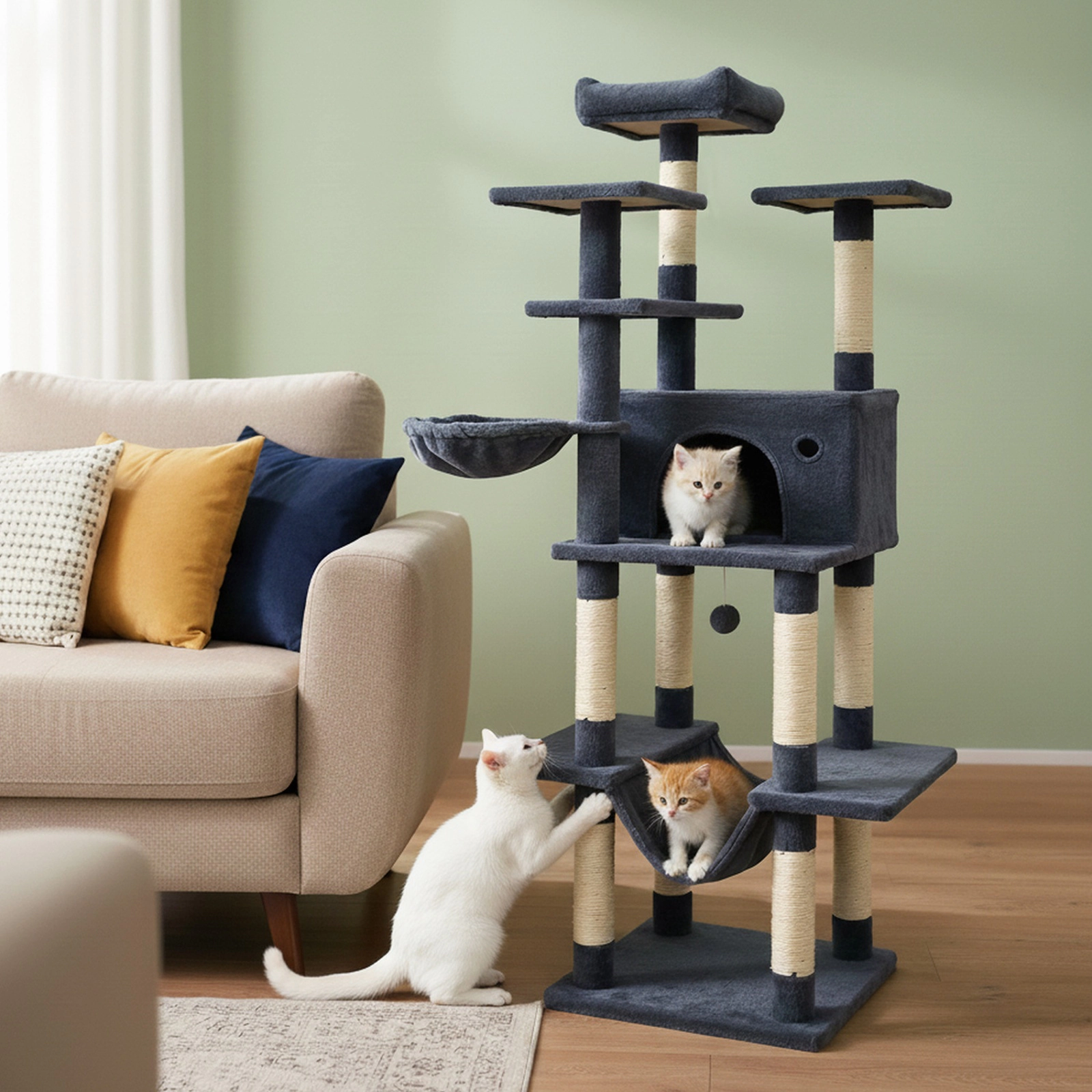 SUGIFT Multi-Level 63-in Tall Cat Tree Tower with Condo Hammock Perches 19 x 19 in Base Dark Gray
