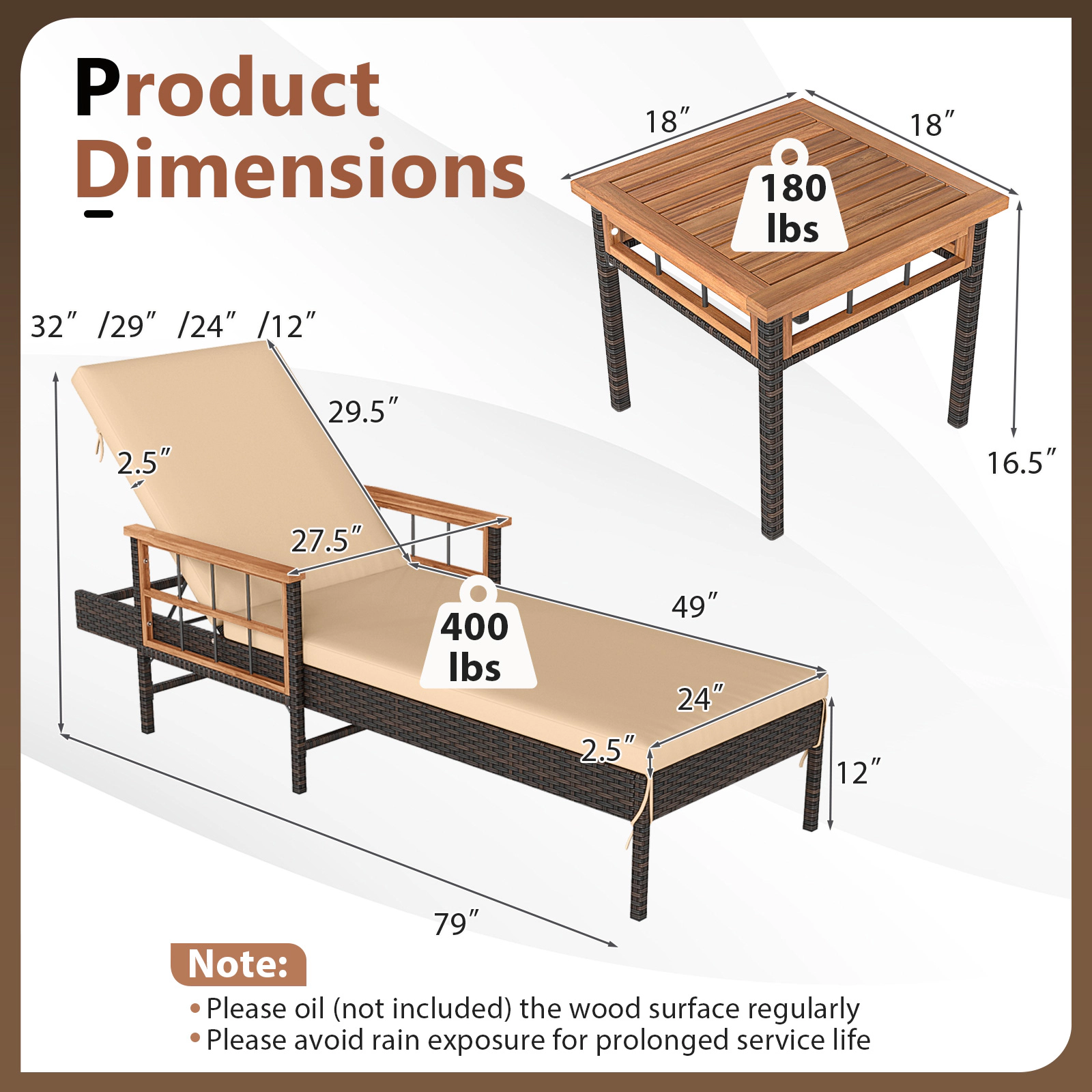 3-Piece Patio Chaise Lounge Set, 2 PE Rattan Loungers, Brown