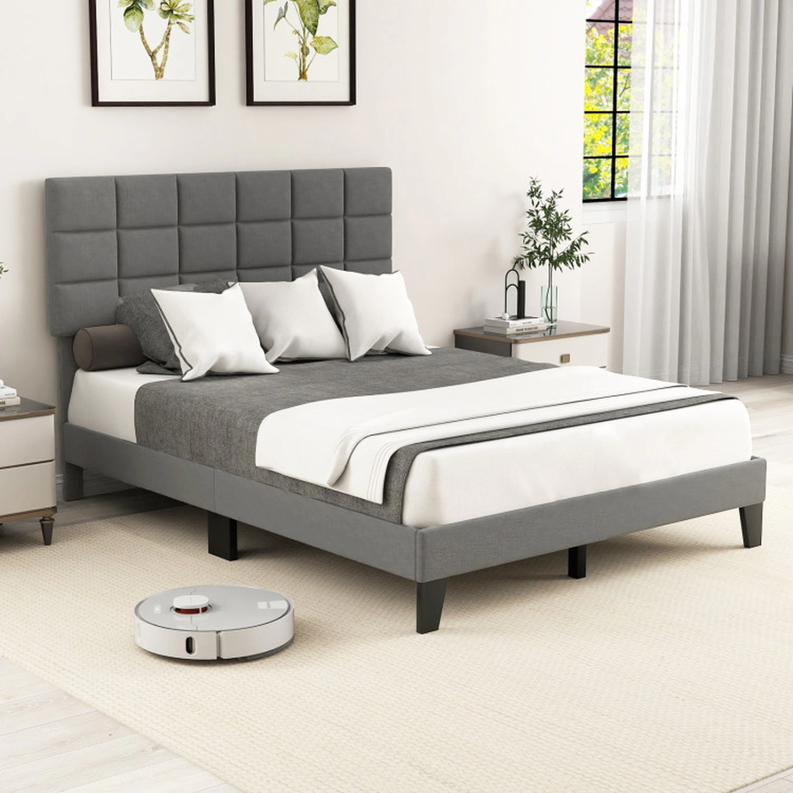 SUGIFT Gray Height Adjustable Quilted Headboard Linen Upholstered Bed Frame
