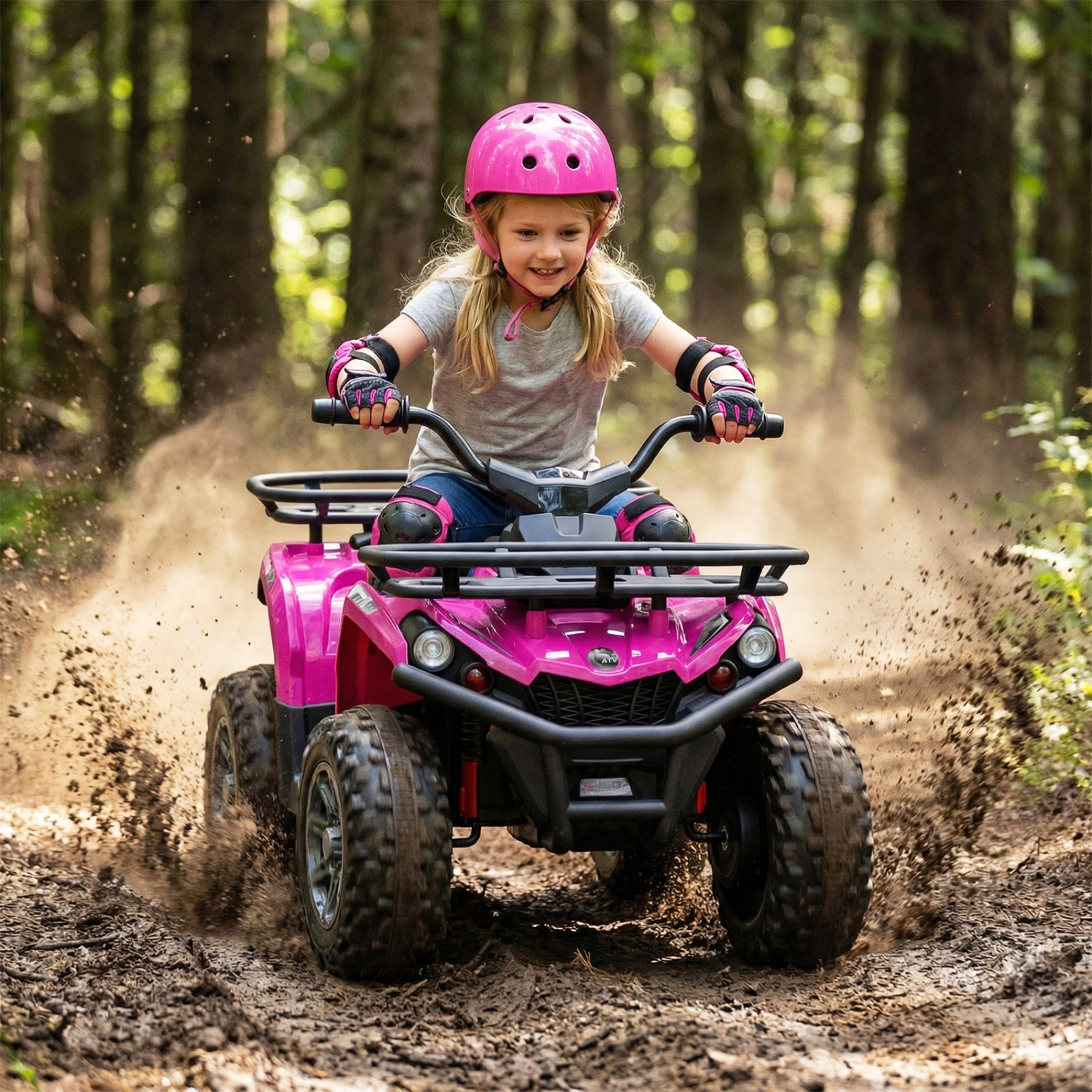 24V Kids Electric Ride On Quad 30-Degree Climbing Ability LED Headlights Gear Shifter Storage SD USB Ages 3+ Pink ATV