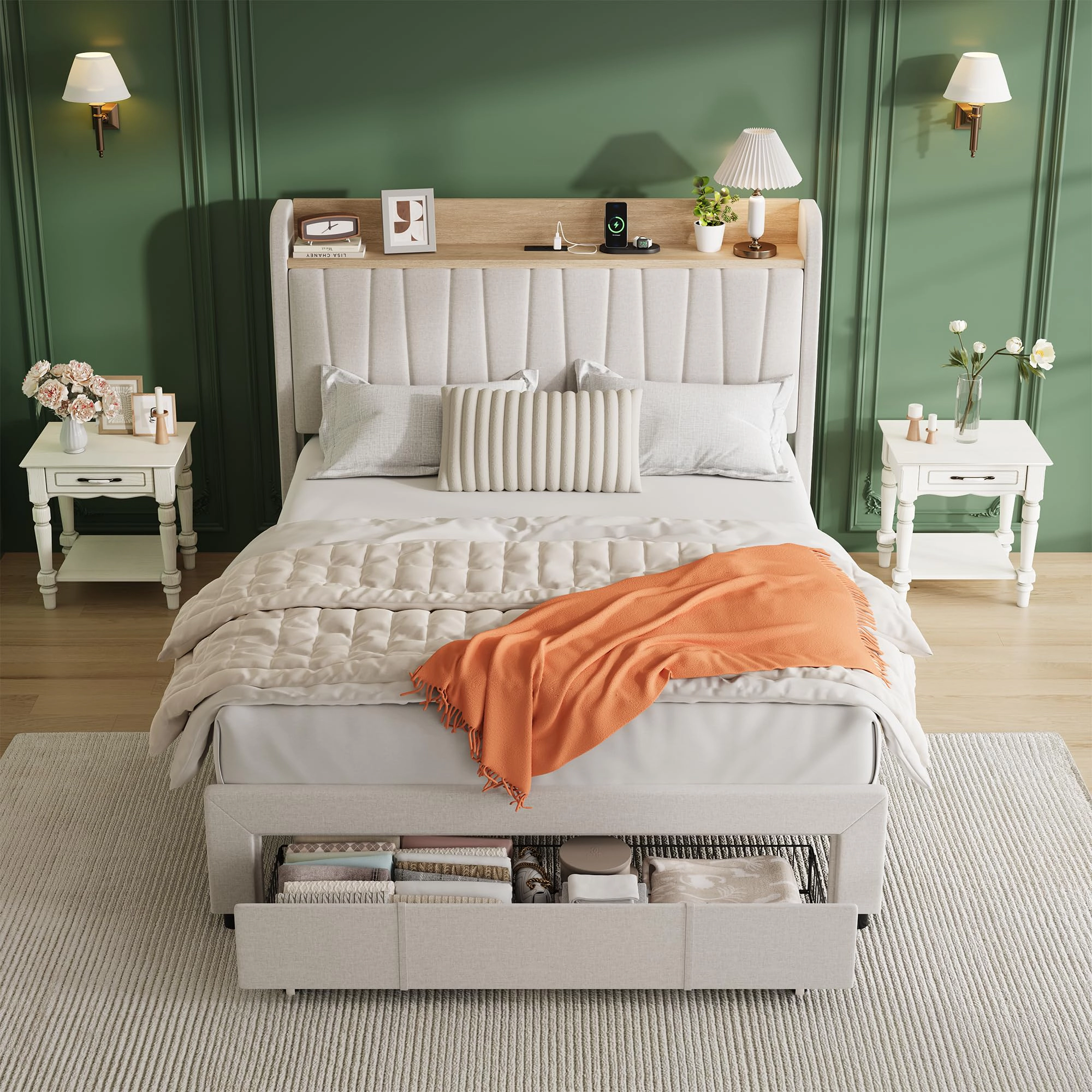 BebreezChic Upholstered Platform Bed Frame with Storage Headboard, Charging Station and Drawers