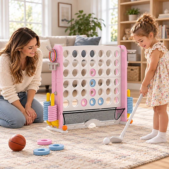 SUGIFT 4-in-1 Kids Giant 4 in a Row Game with Basketball Ring Toss and ...