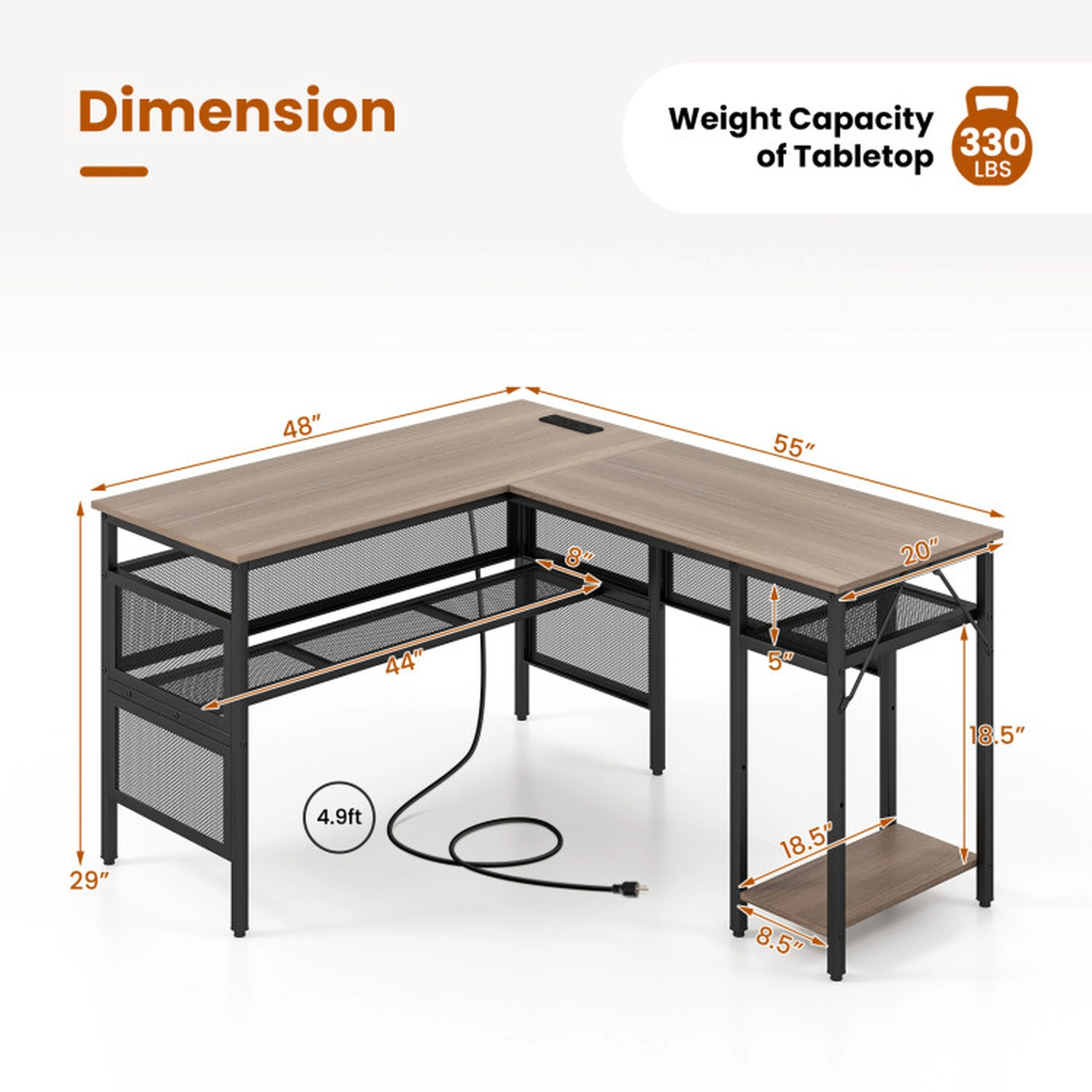 SUGIFT 330-lb Capacity Grey Wash Reversible L-Shaped Computer Desk with Charging Station and Mesh Shelves