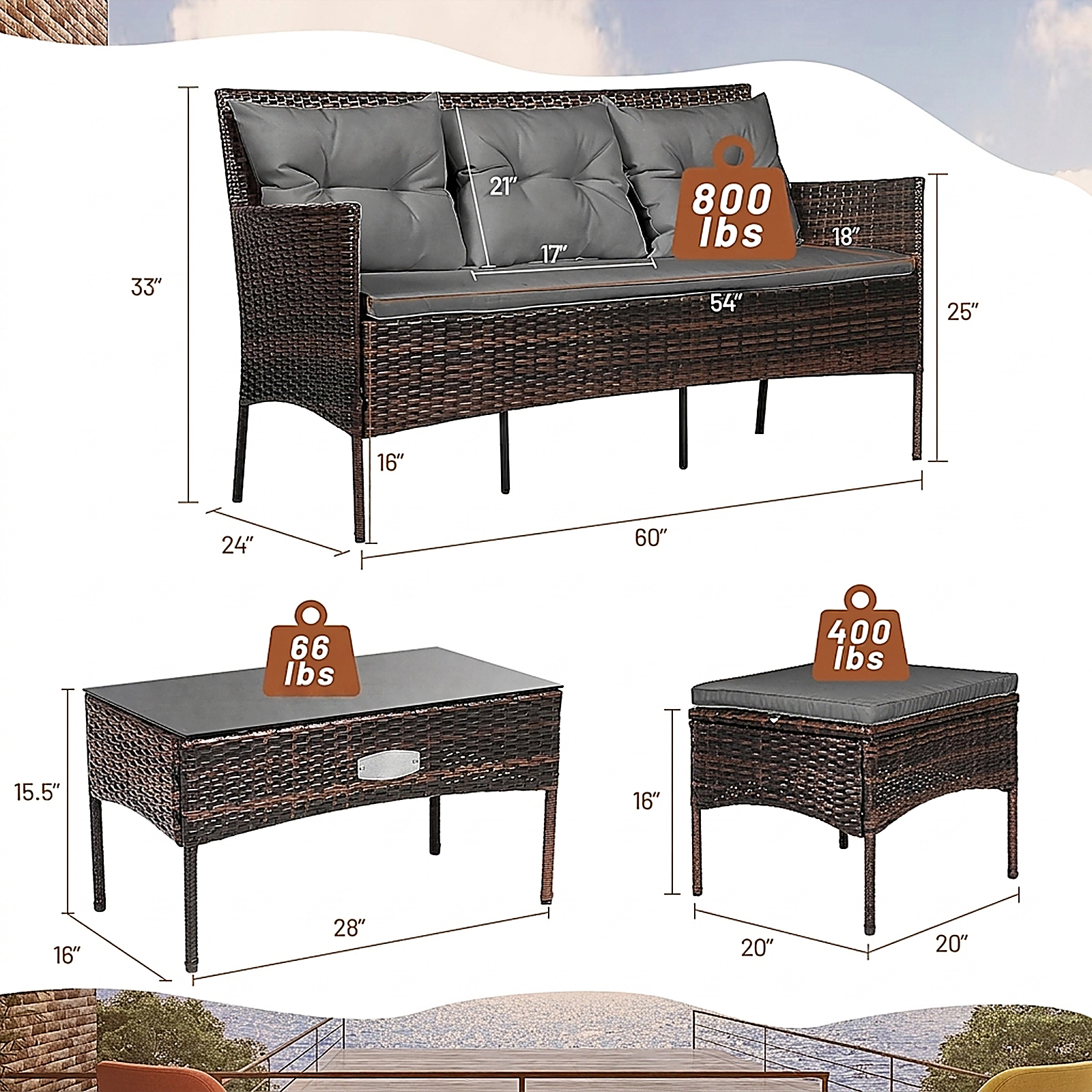 SUGIFT 3-Piece Gray Rattan Patio Sofa Set with Ottoman, Glass Table and 5 Cushions